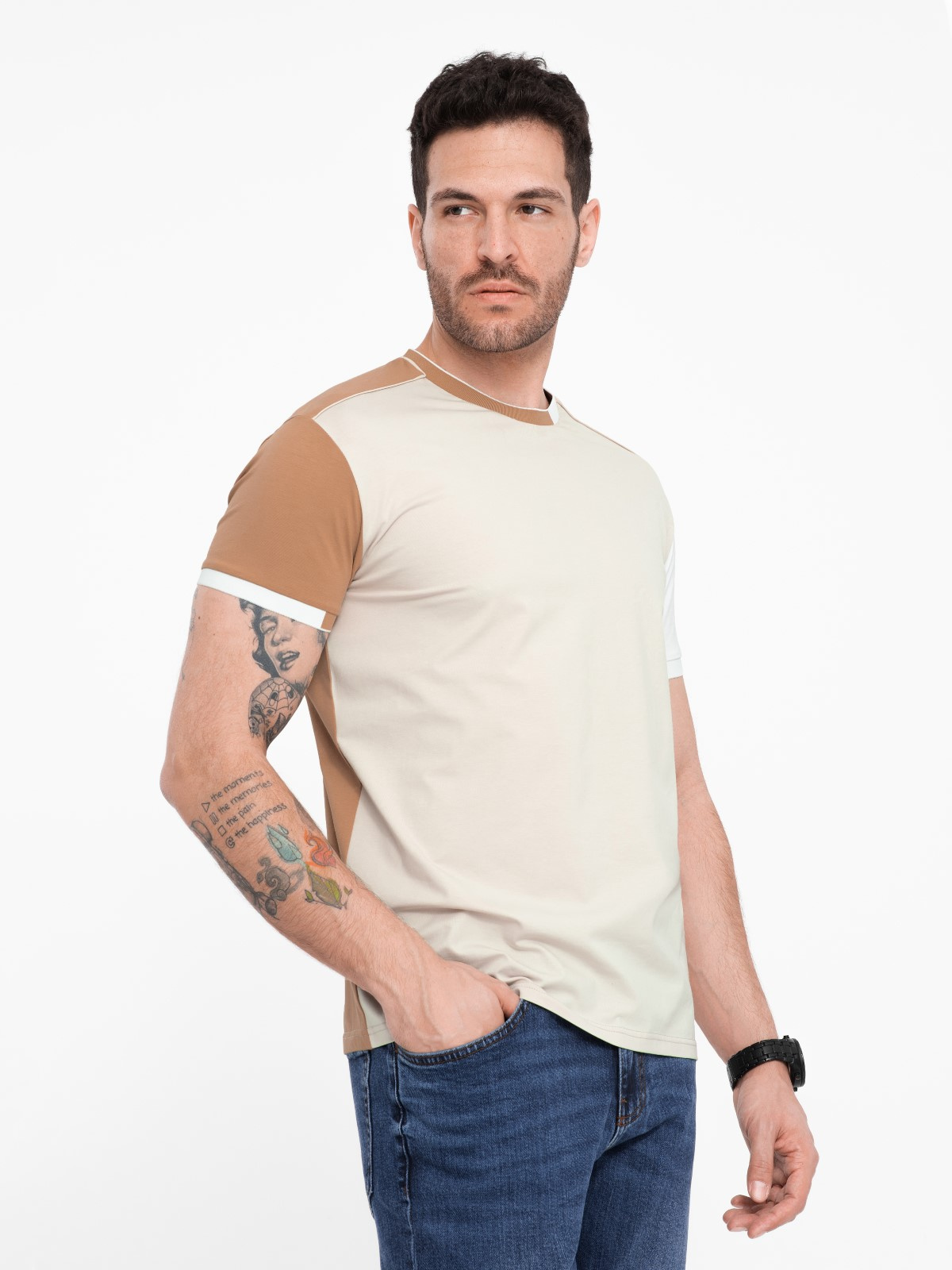 Ombre Men's Elastane T-shirt With Colored Sleeves - Brown