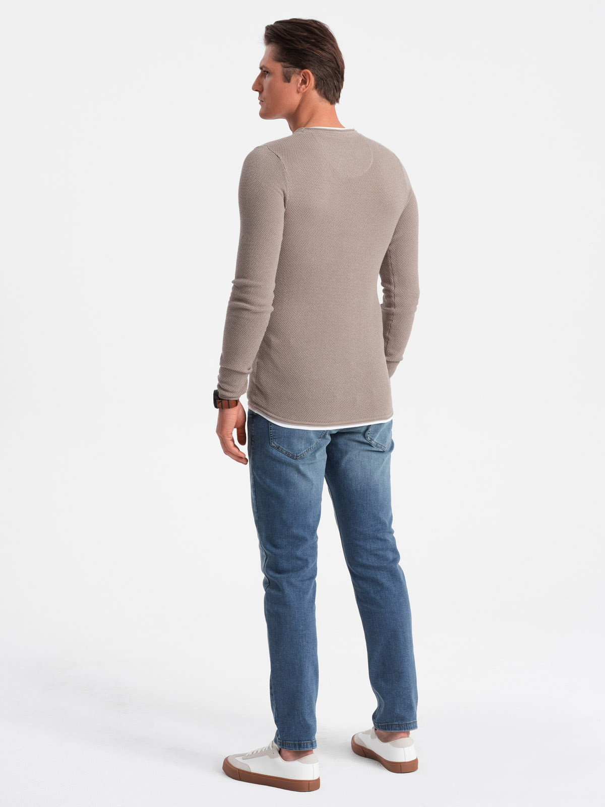Ombre Men's cotton sweater with round neckline - cold beige