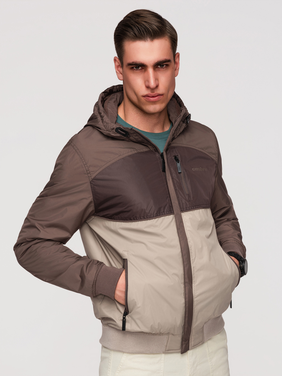 Ombre Lightweight colorful men's sports jacket with fleece - beige and dark brown