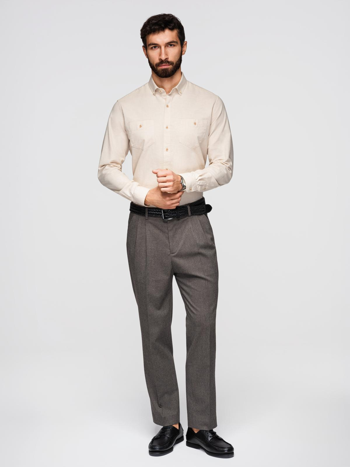 Ombre Men's linen shirt with classic collar and pockets REGULAR FIT - cream