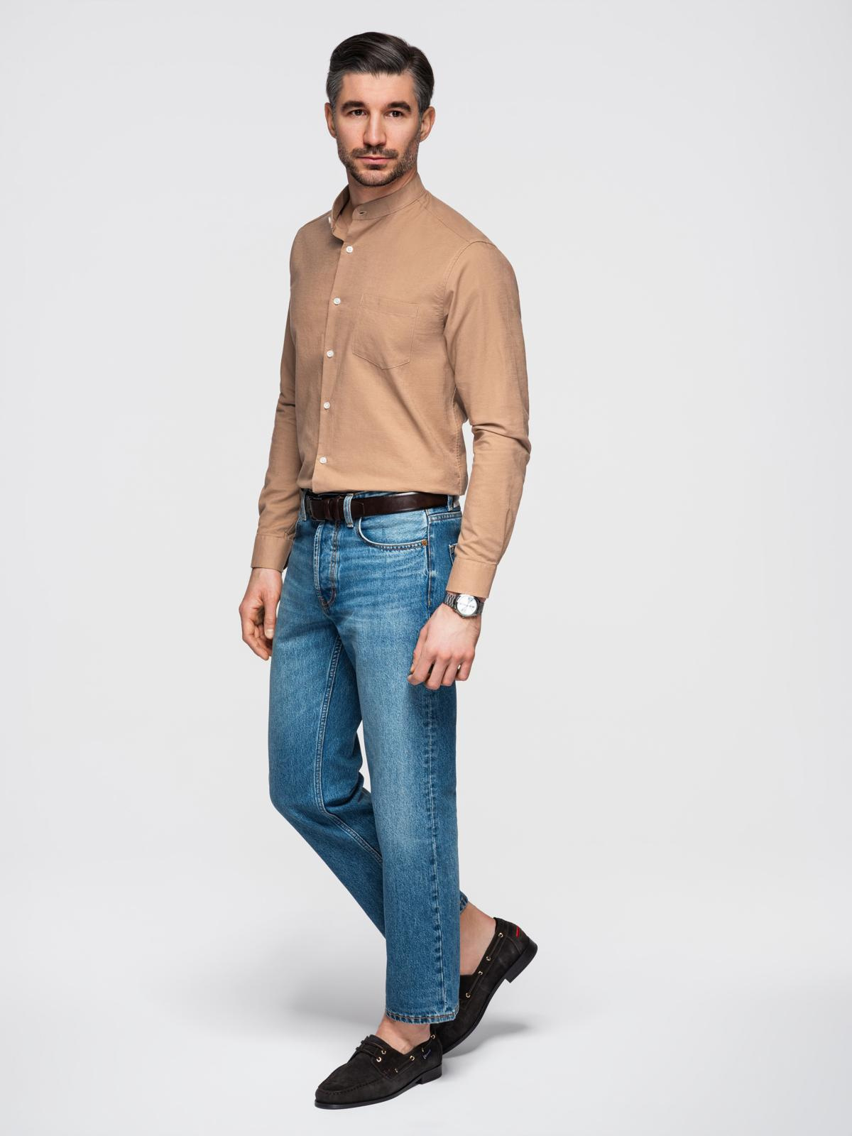 Ombre Men's linen shirt with stand-up collar and pocket REGULAR FIT - light brown