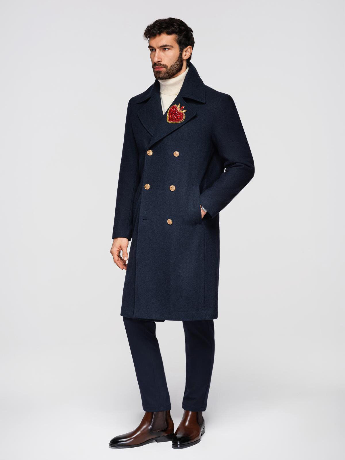 Ombre Men's double-breasted coat with wool and decorative appliqués -