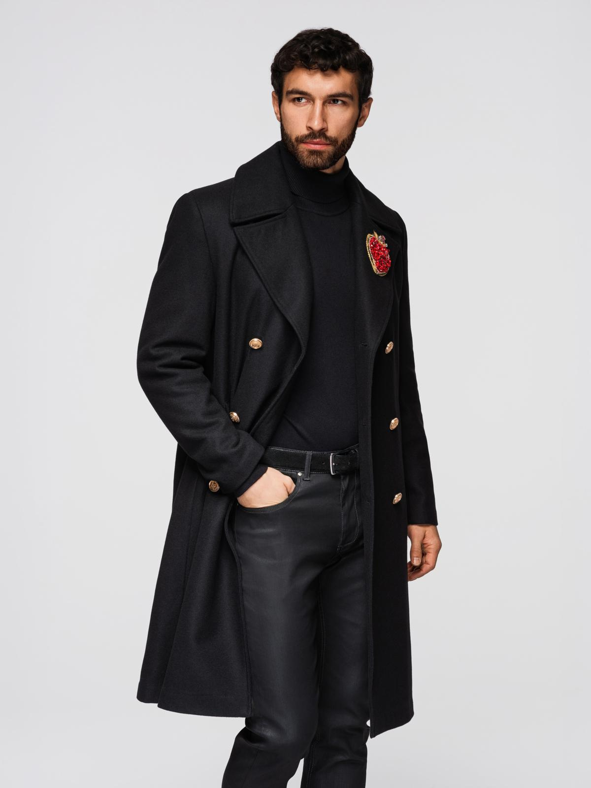 Ombre Men's double-breasted wool coat with decorative appliqués - black