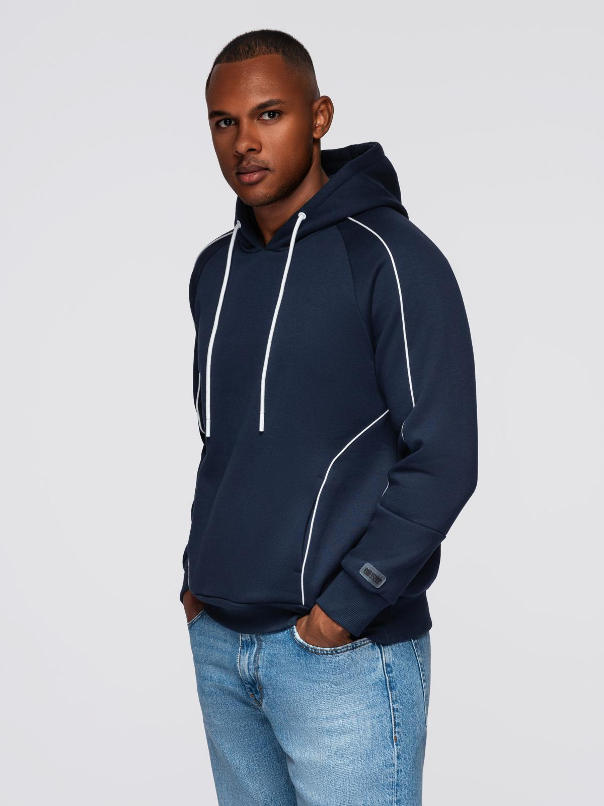 Ombre Men's sweatshirt with contrast stitching and hood - navy blue