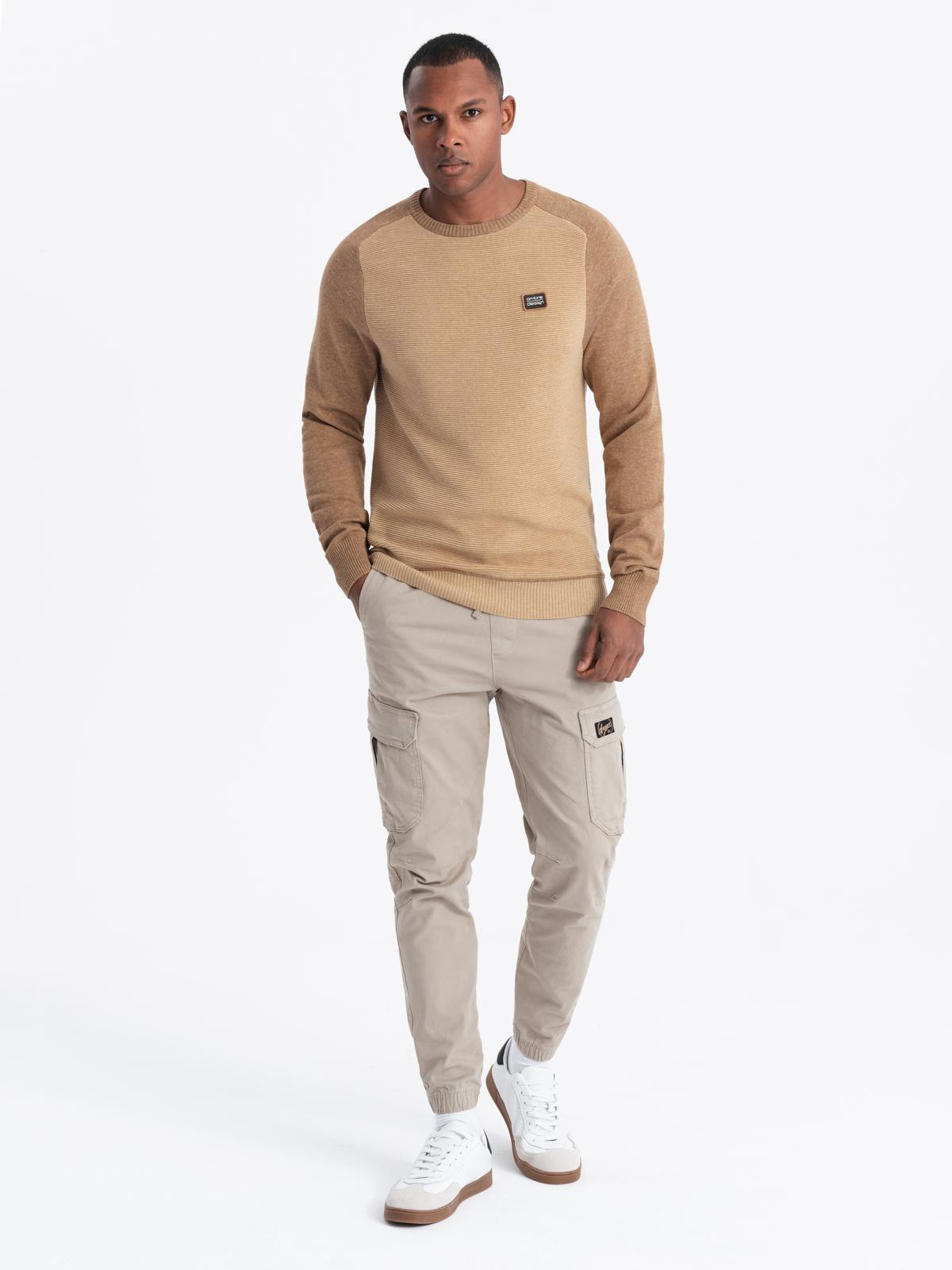 Ombre Men&#039;s cotton sweater with patch and raglan sleeves - brown
