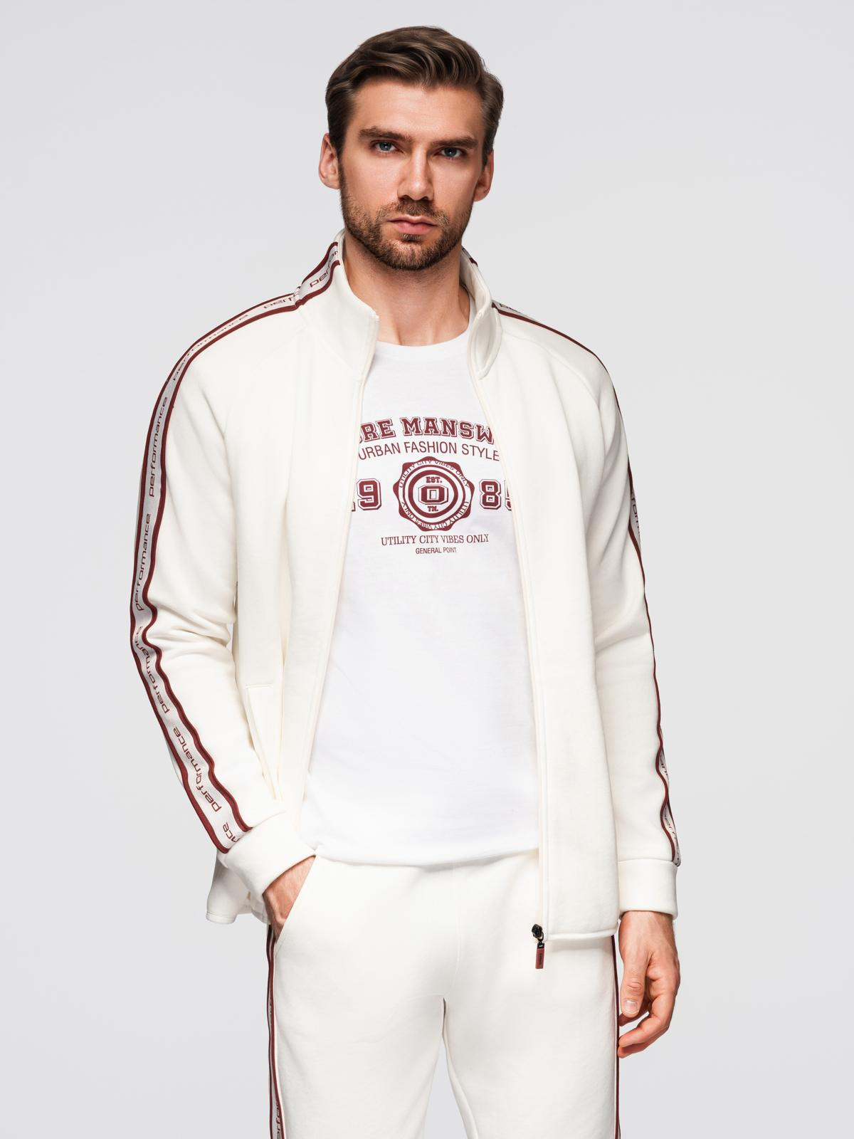 Ombre Men's unbuttoned sweatshirt with piping and high collar - cream