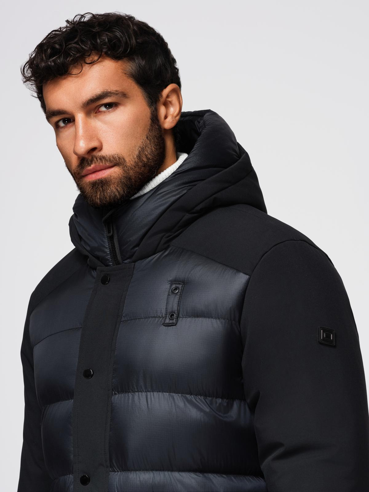 Ombre Men&#039;s long quilted jacket with large pockets - black