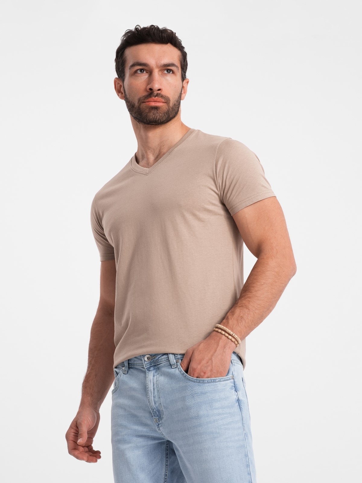 Ombre Men's BASIC classic cotton T-shirt with a v-neck - ash