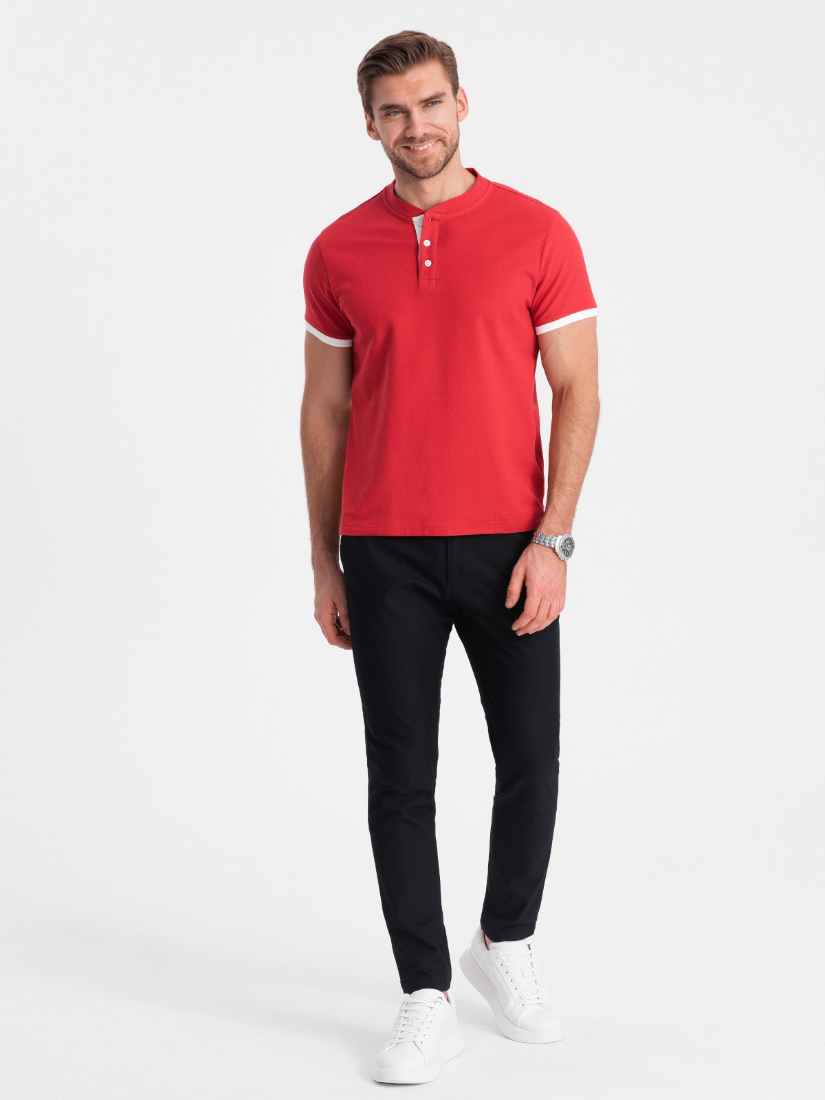 Levně Ombre Men's collarless polo shirt - red