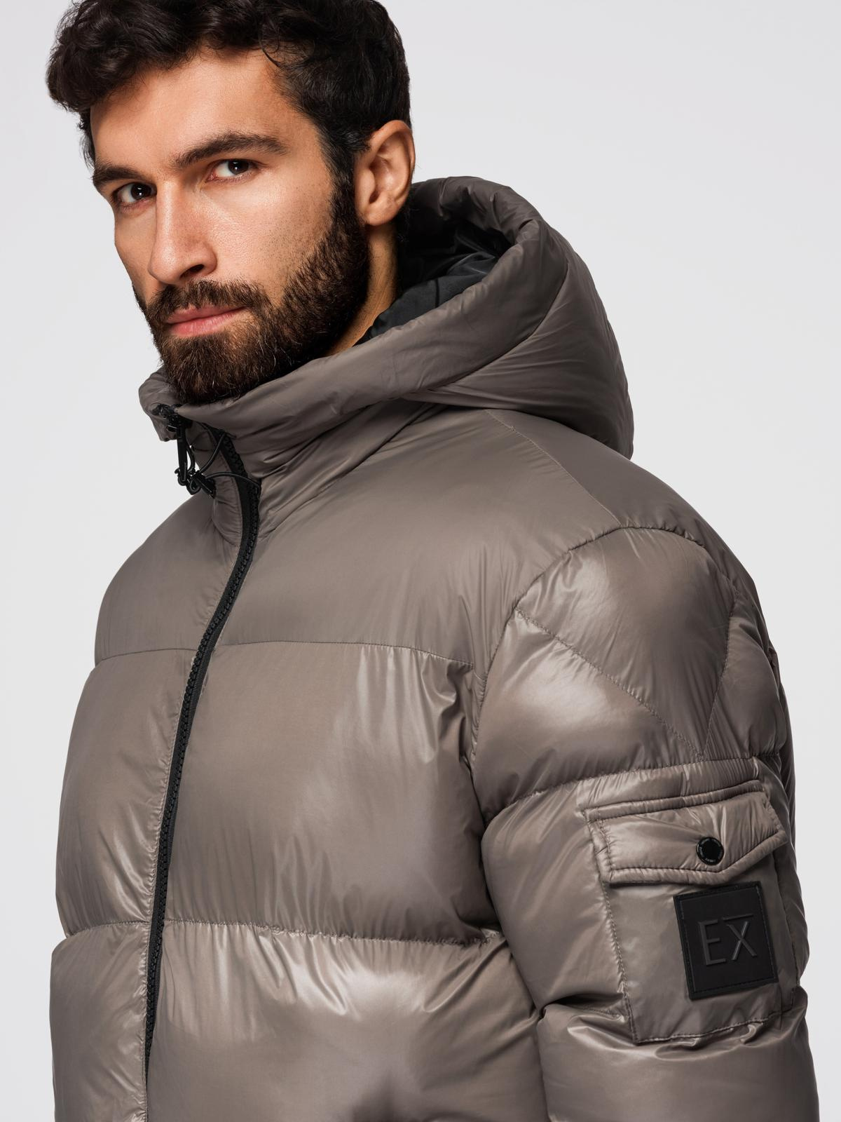 Ombre Warm men's puffer jacket with welts - dark beige