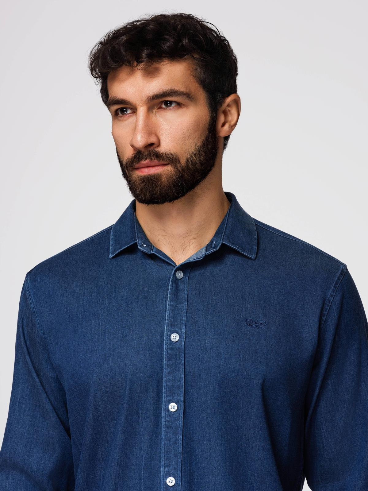 Ombre Men's denim shirt with lyocell and embroidery on chest - dark blue