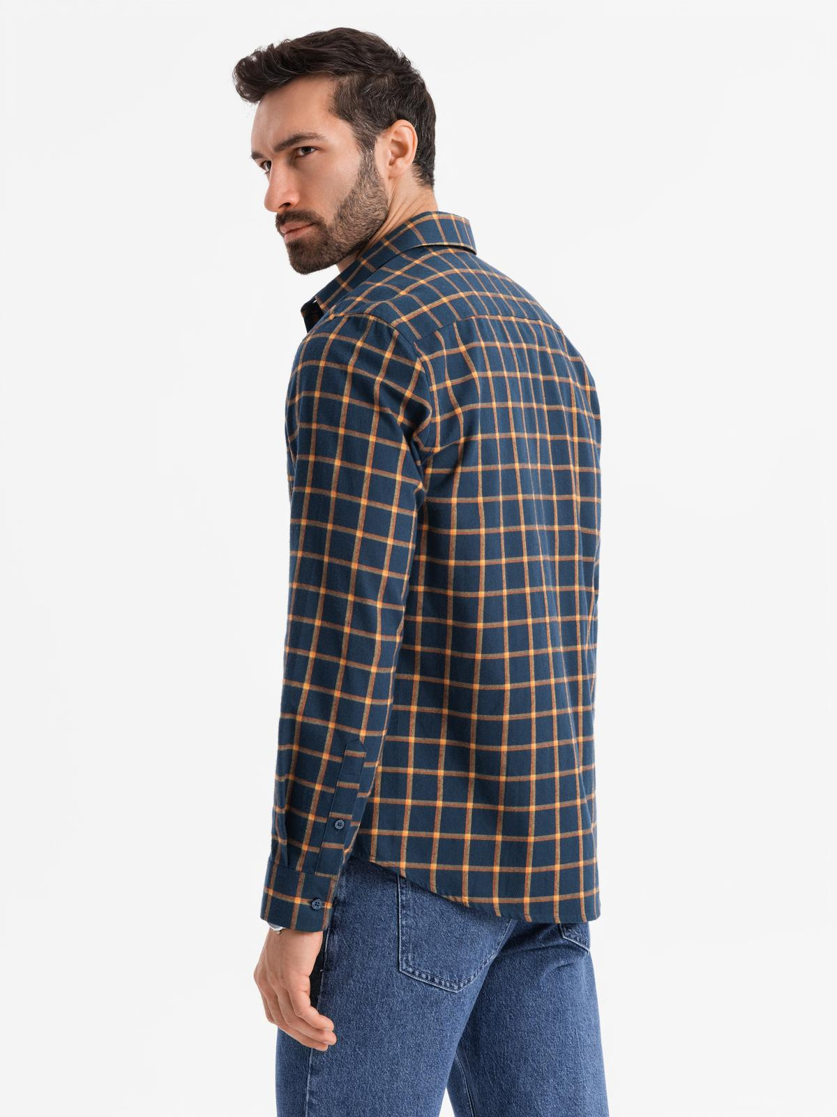 Ombre Men's plaid flannel shirt SLIM FIT - navy blue and orange
