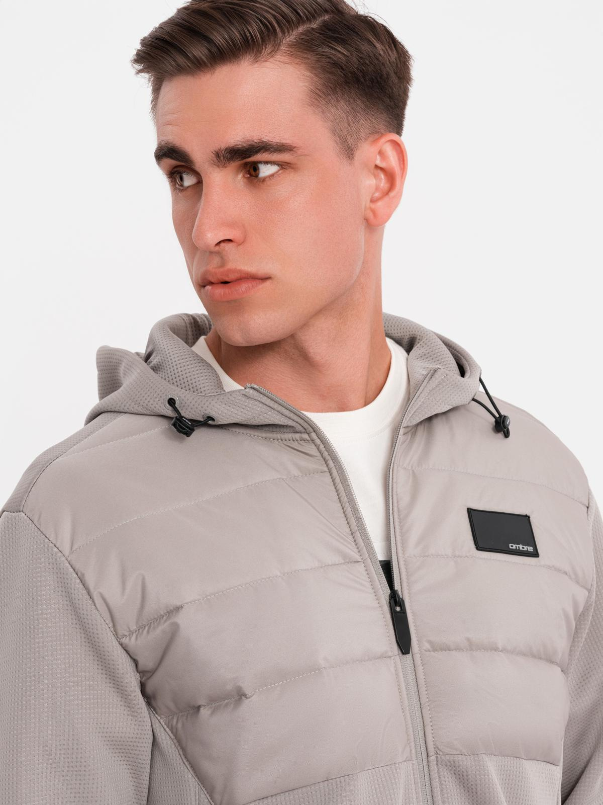 Ombre Men&#039;s lightweight jacket of combined materials with hood and decorative quilting - ash