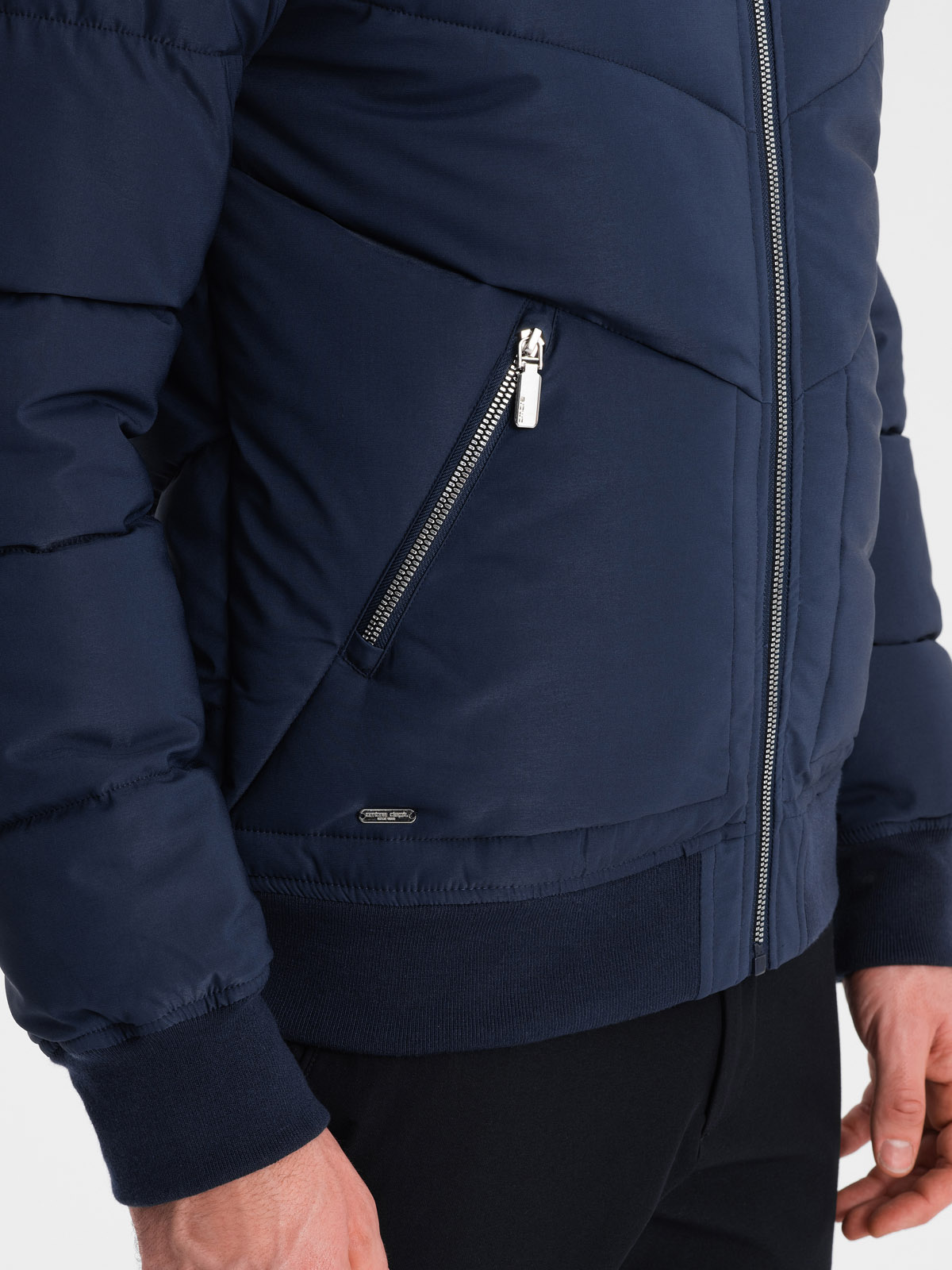 Ombre Men&#039;s quilted bomber jacket with metal zippers - navy blue