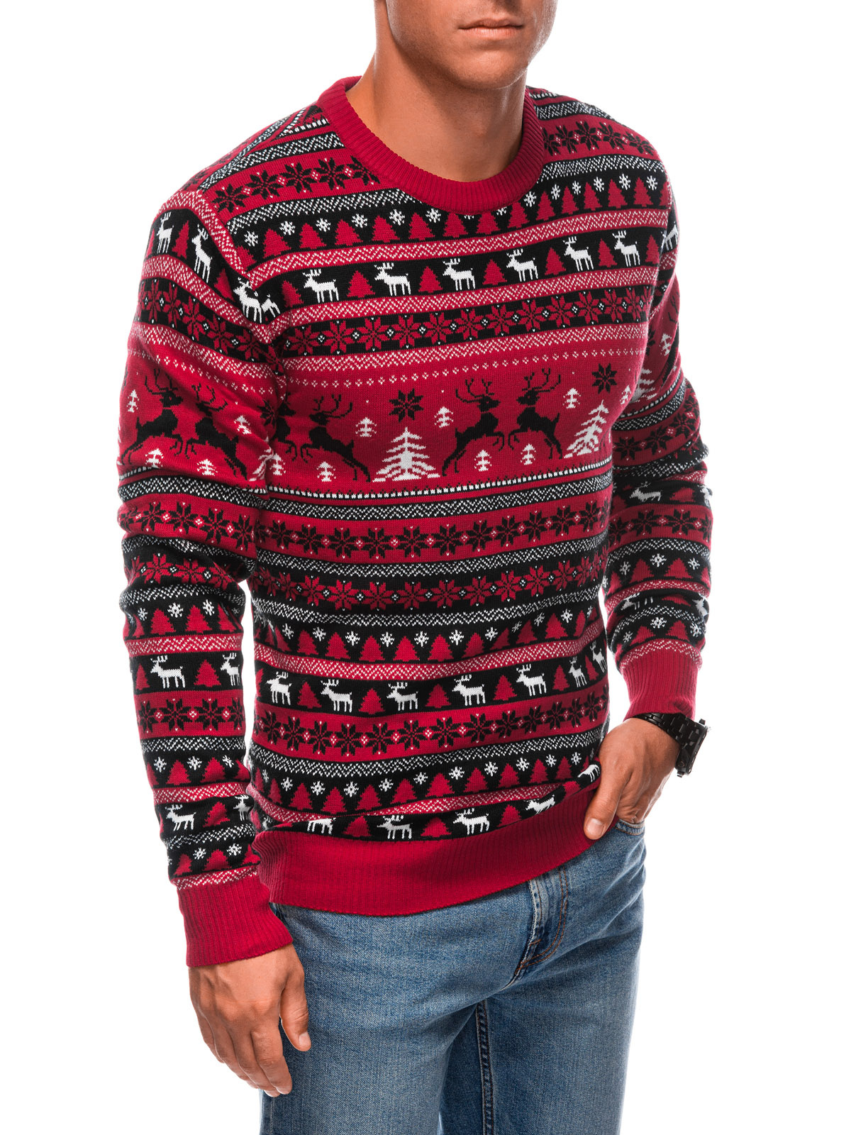 Edoti Men's Red Christmas Jumper With Norwegian Patterns - Red