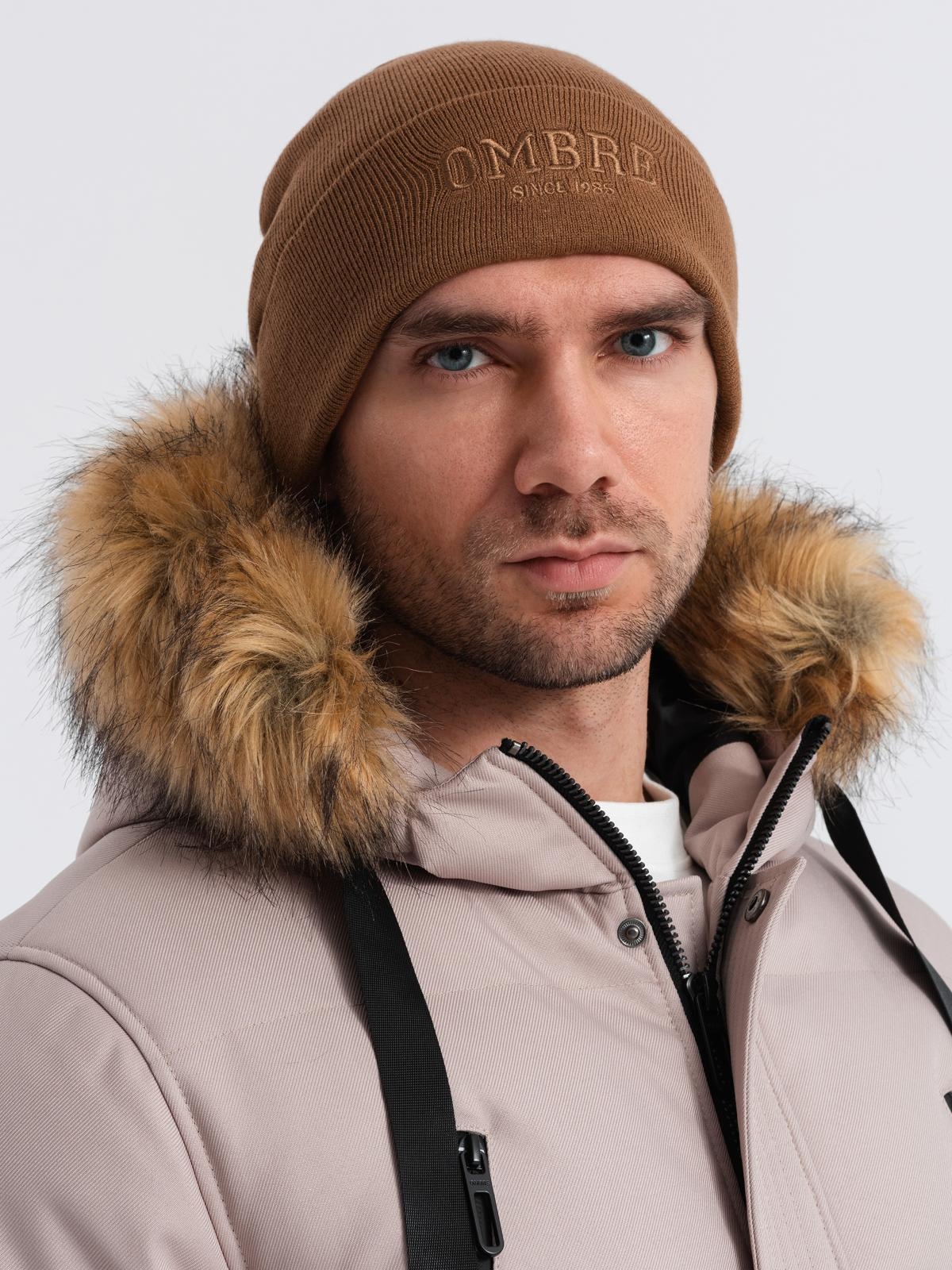 Ombre Men's knitted beanie with embroidered inscription - brown
