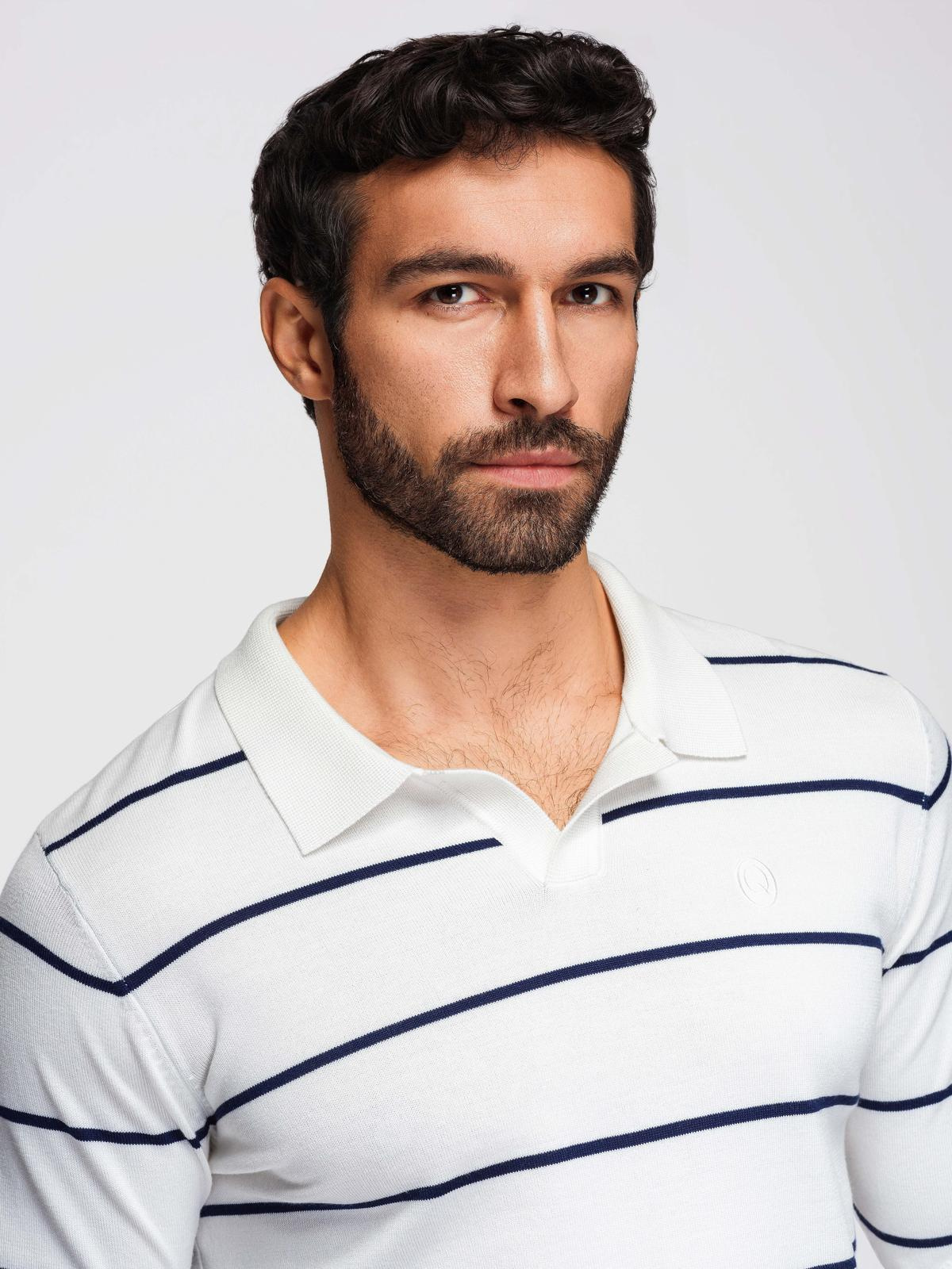Ombre Men's horizontal striped polo longsleeve with viscose - white and navy blue