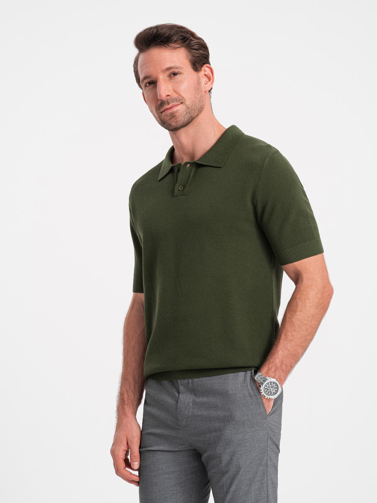 Ombre Men&#039;s cotton structured knit polo shirt - olive