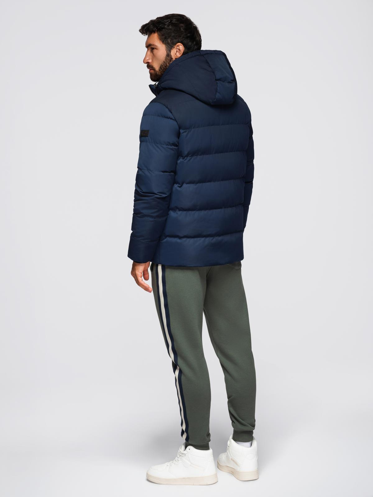 Ombre Men&#039;s jacket with asymmetrical quilting and hood - navy blue