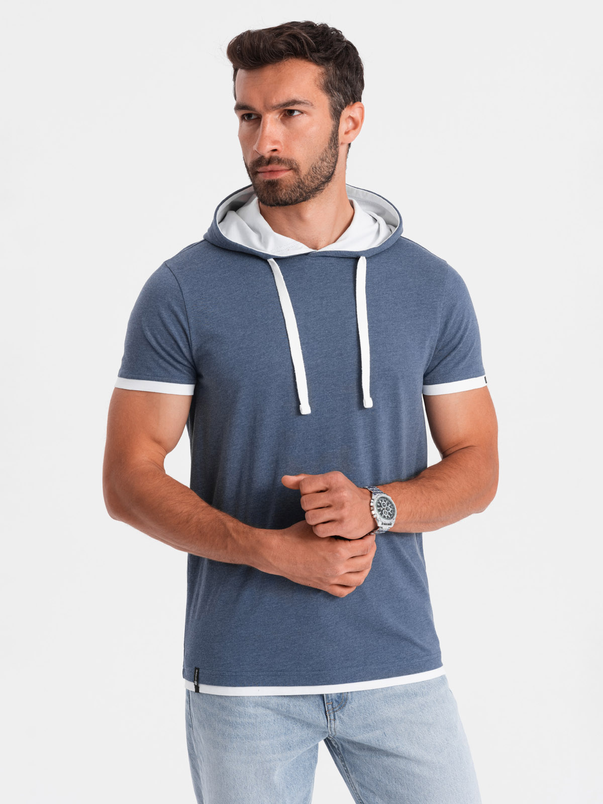 Ombre Casual men's cotton t-shirt with hood - dark blue melange