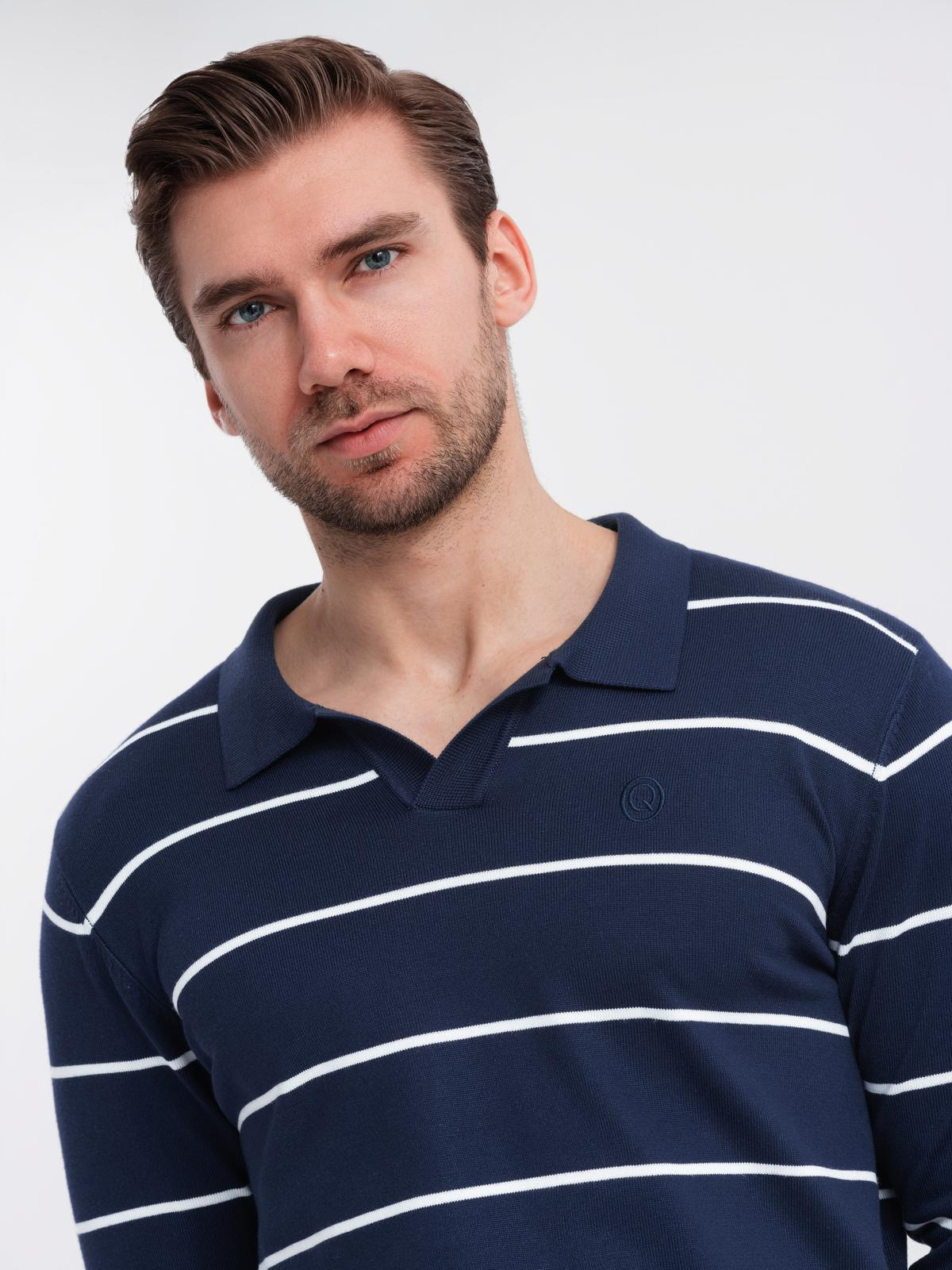 Ombre Men&#039;s horizontal striped polo longsleeve with viscose - navy blue and white