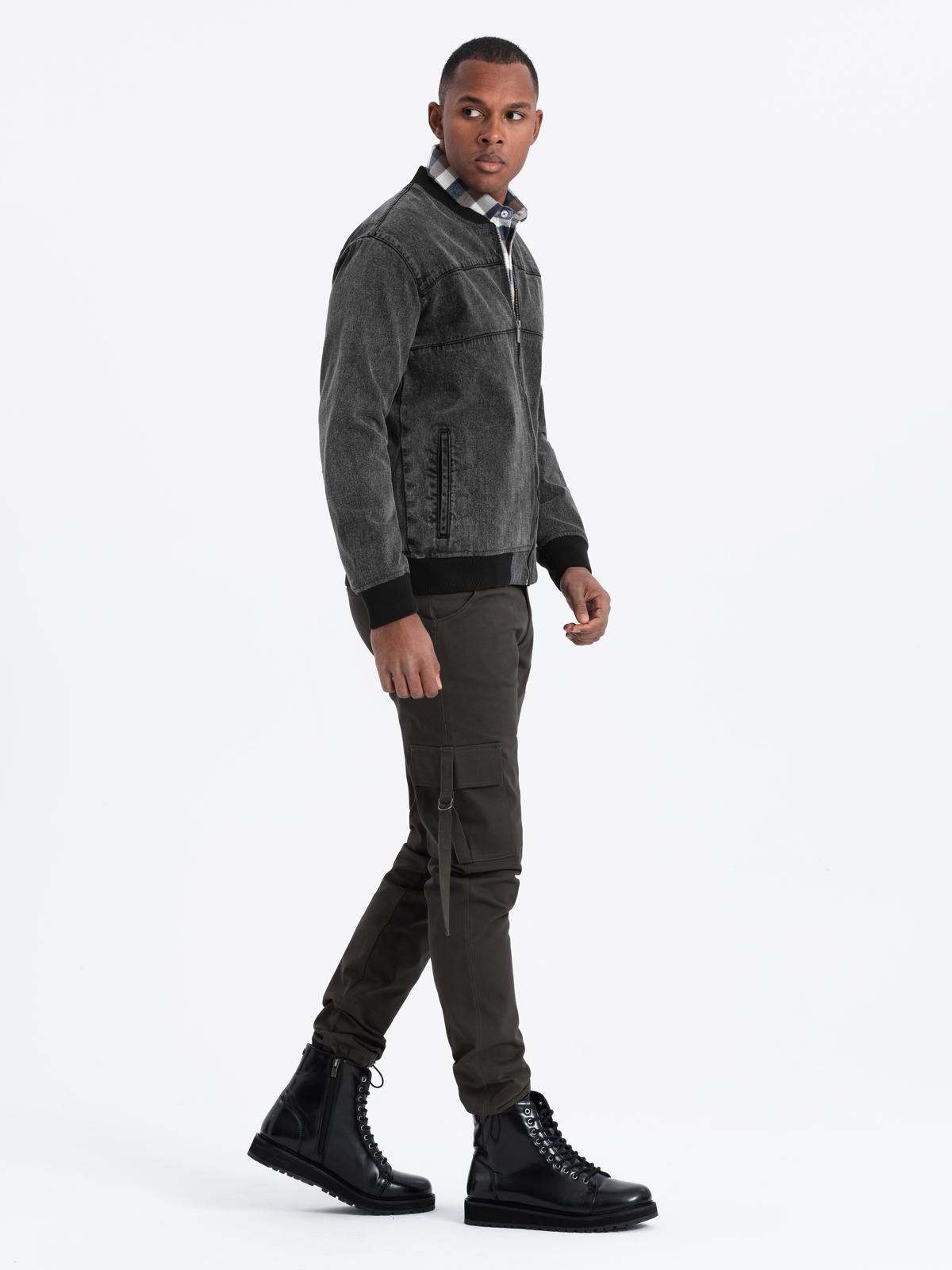 Ombre Men&#039;s denim bomber jacket with stone wash effect - black