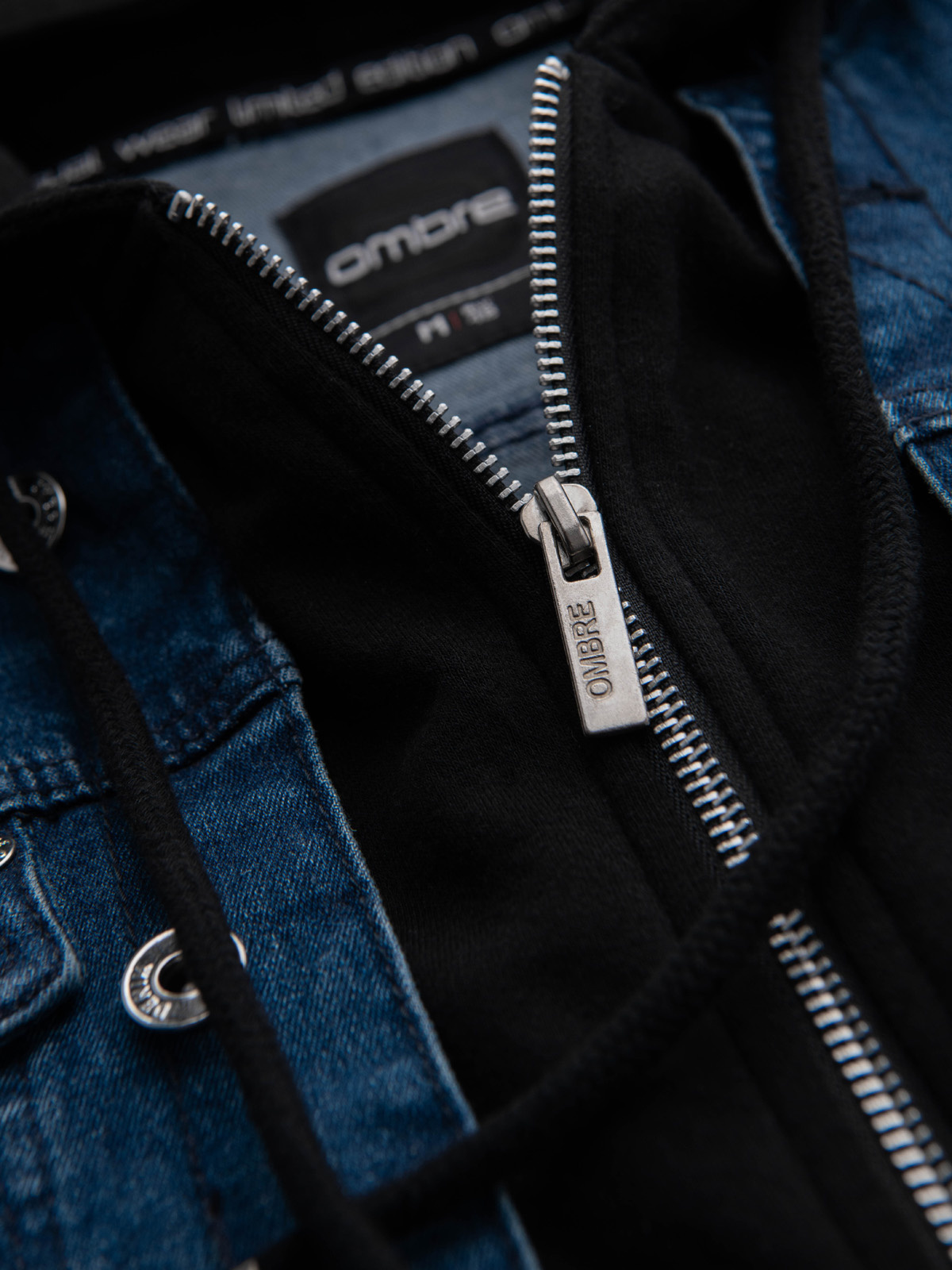 Ombre Men&#039;s denim jacket with knitted sleeves and hood - blue and black