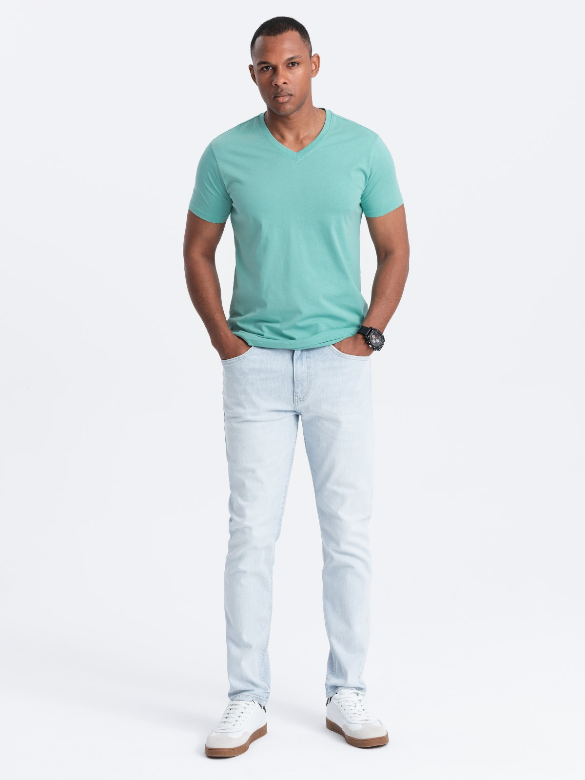Ombre Men's BASIC classic cotton T-shirt with a v-neck - turquoise