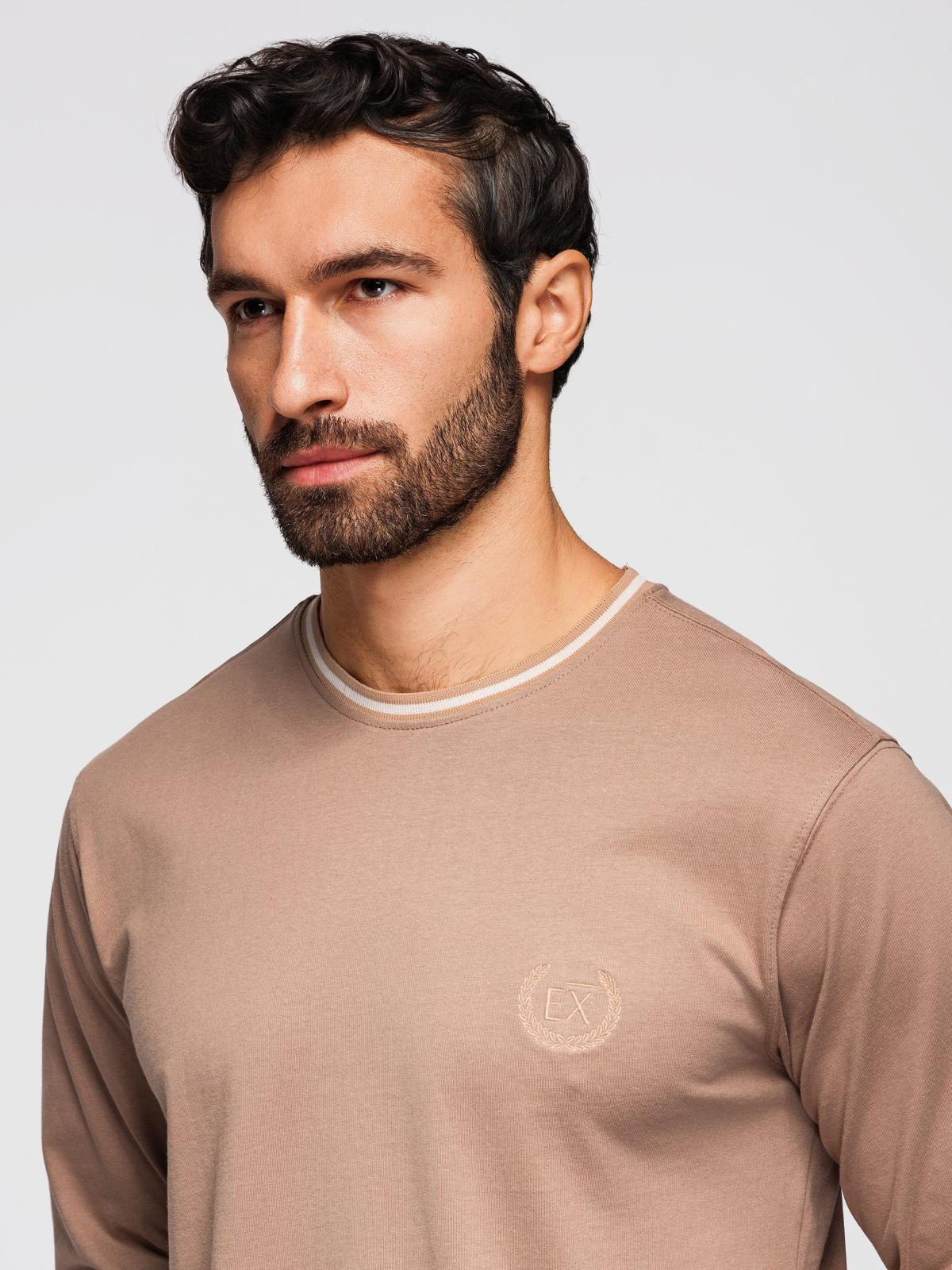 Ombre Men's cotton longsleeve with striped U neckline and embroidery - brown