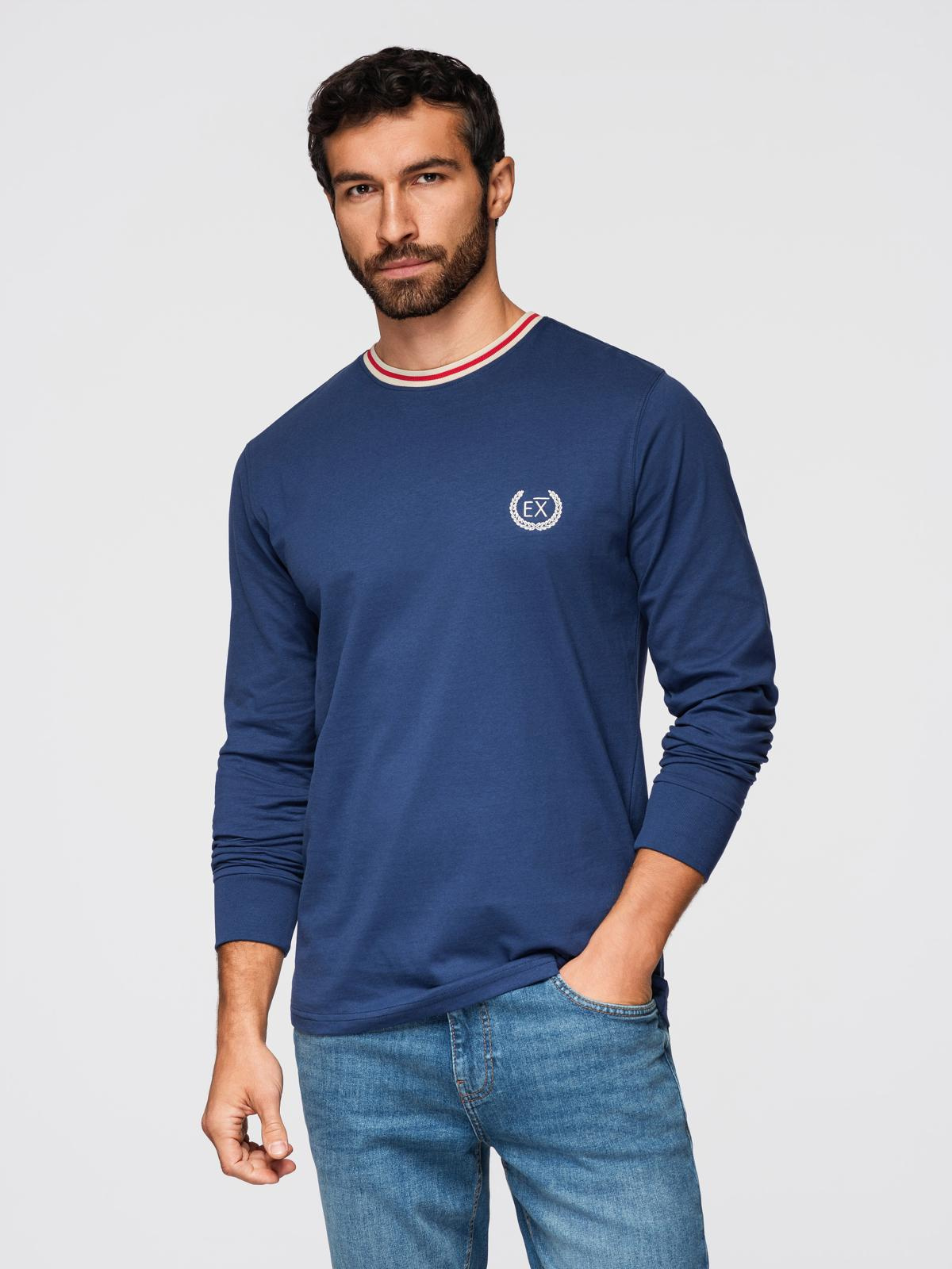 Ombre Men's cotton longsleeve with striped U neckline and embroidery - dark blue