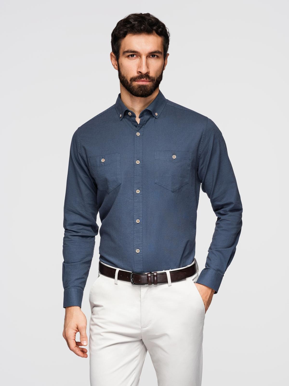Ombre Men's linen shirt with classic collar and pockets REGULAR FIT - blue