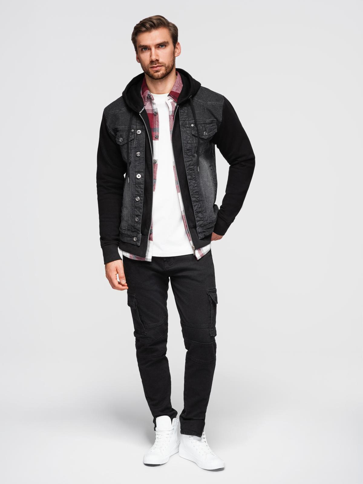 Ombre Men&#039;s denim jacket with knitted sleeves and hood - black