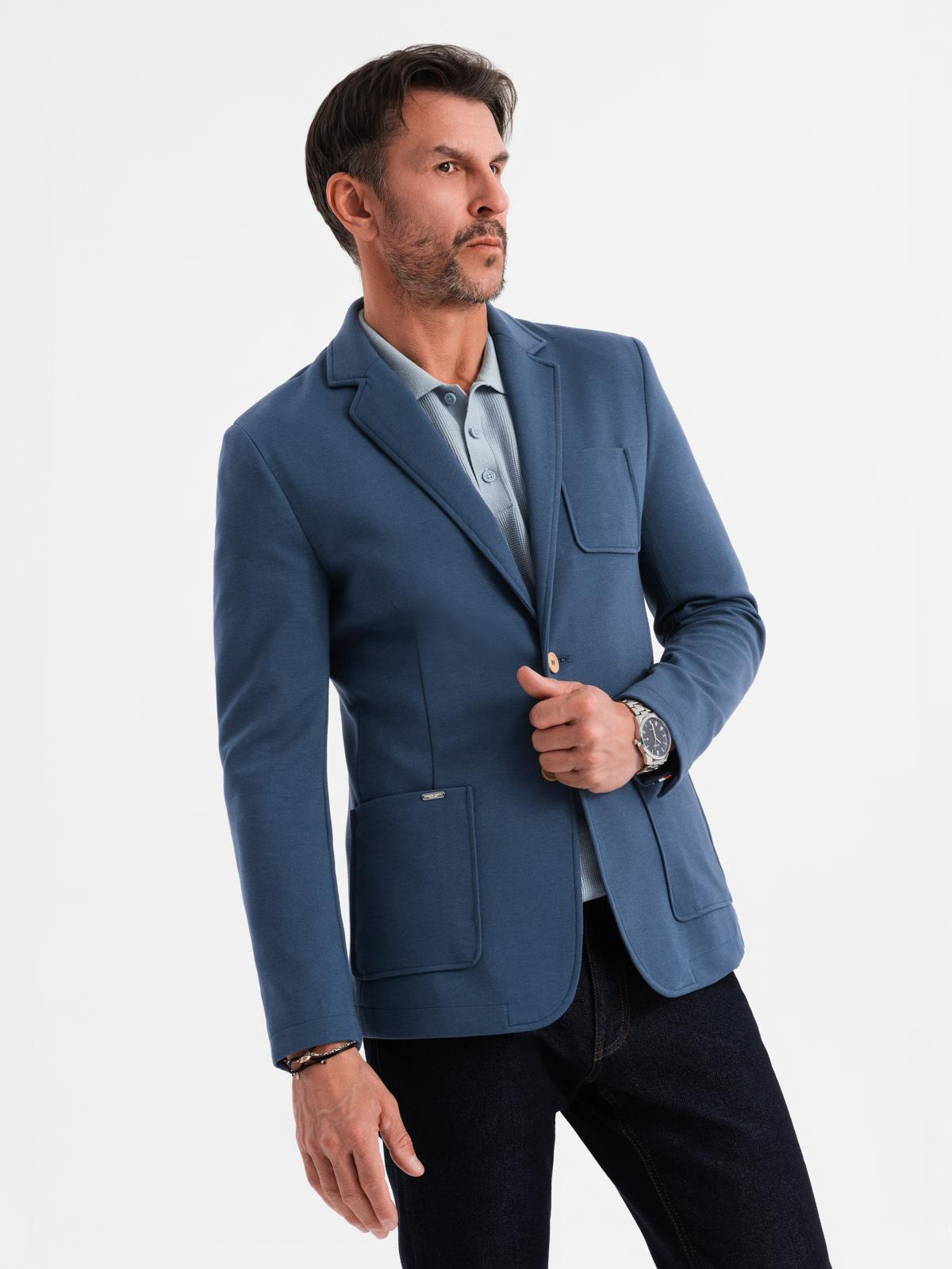Ombre Men's SLIM knit jacket with subtle texture - dark blue