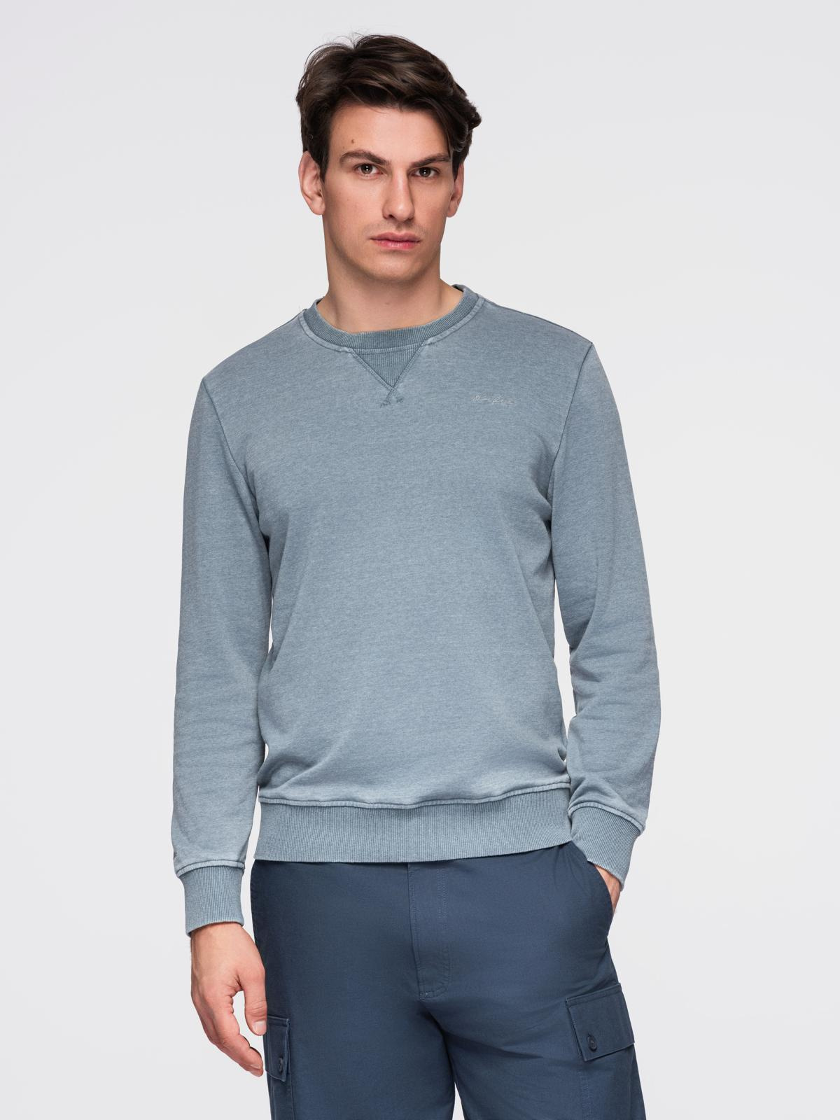 Ombre Washed men&#039;s sweatshirt with decorative stitching at the neckline - light blue