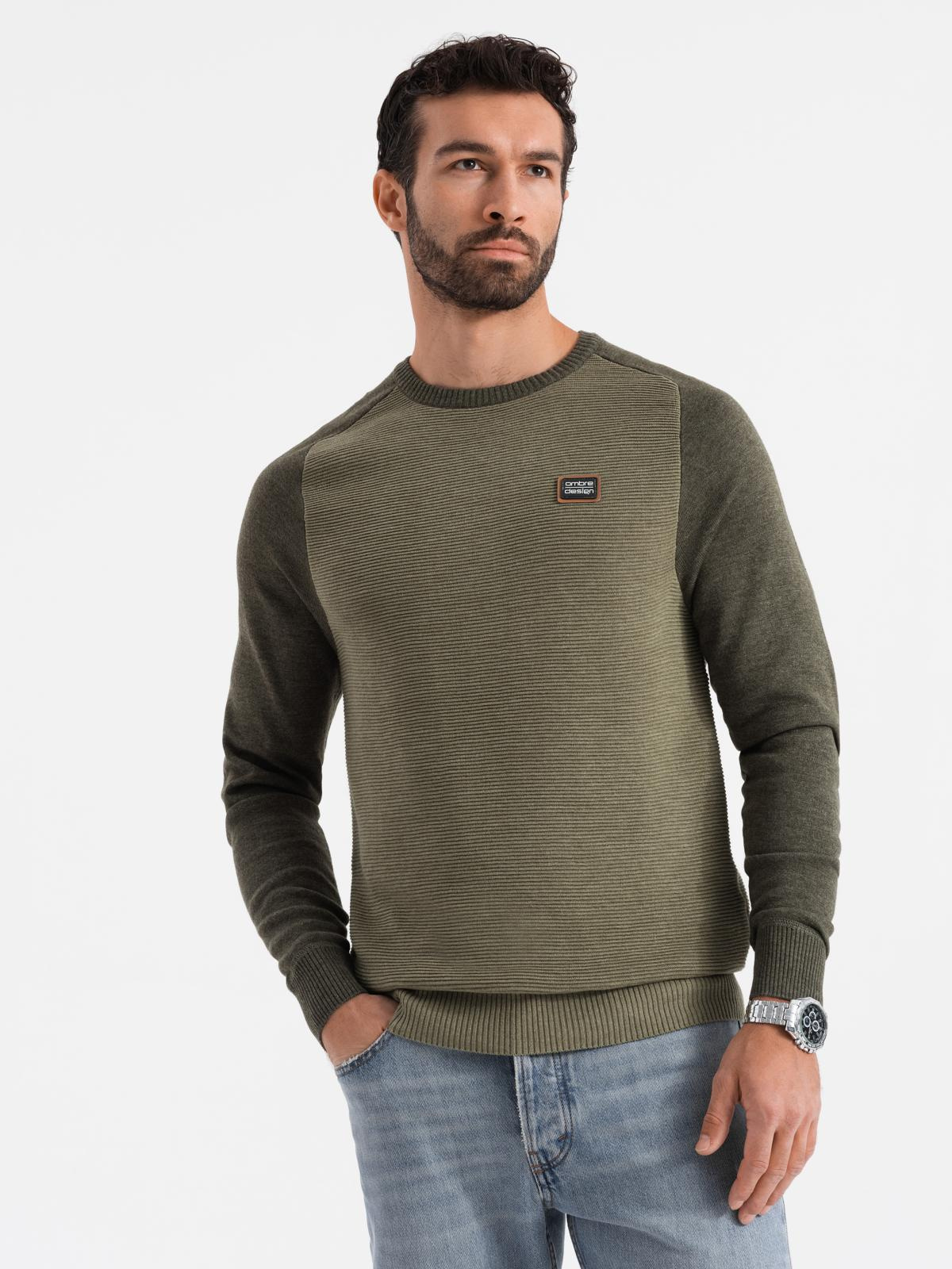 Ombre Cotton mens sweater with patch and raglan sleeves - olive