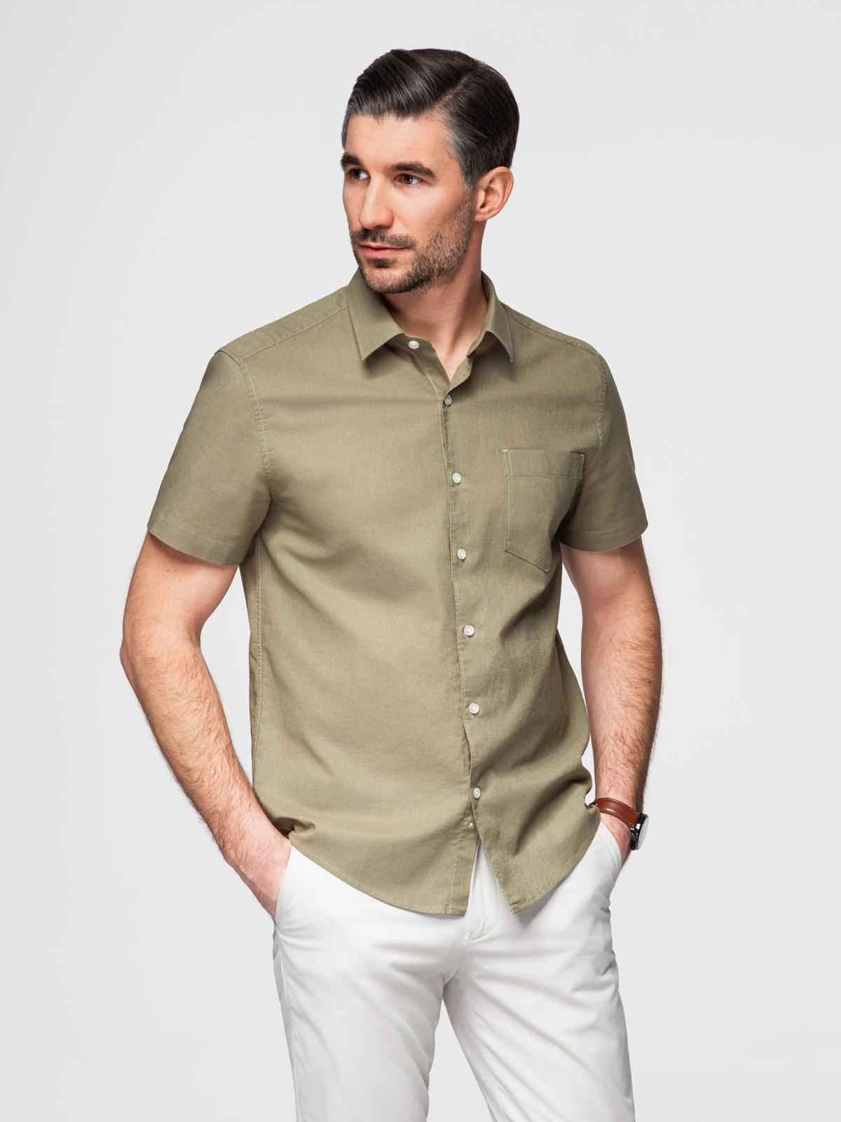 Ombre Men's short sleeve cotton and linen shirt with pocket - olive