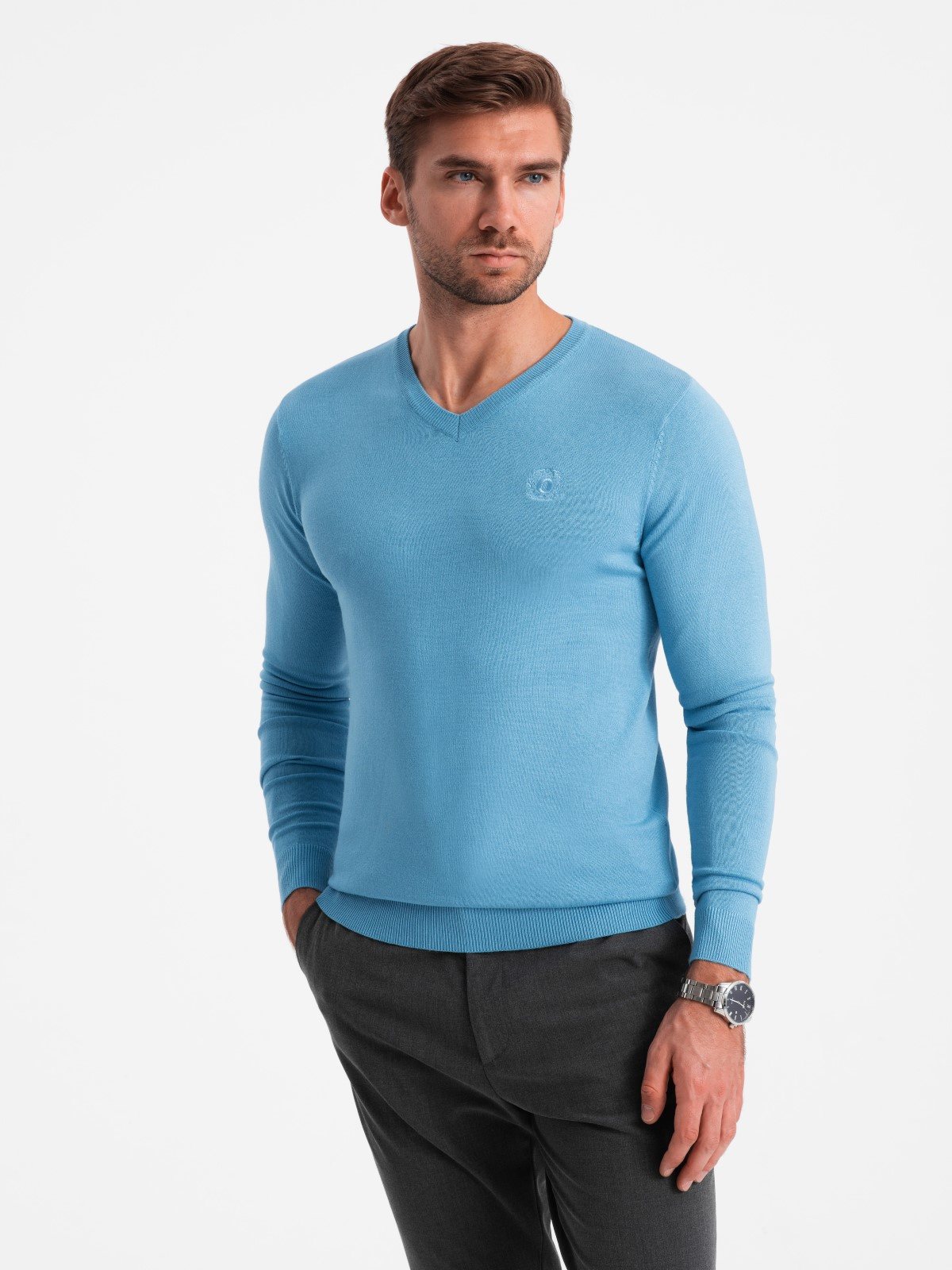 Ombre Elegant men&#039;s BASIC V-neck sweater with viscose - blue