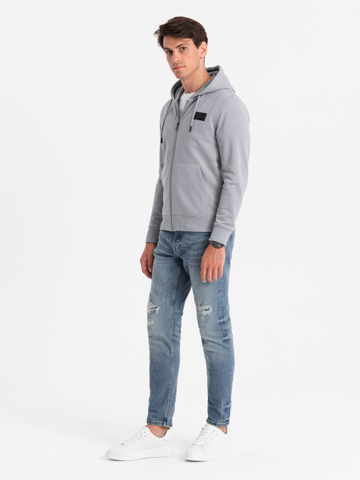 Ombre Men's unbuttoned sweatshirt with hood and patch - grey