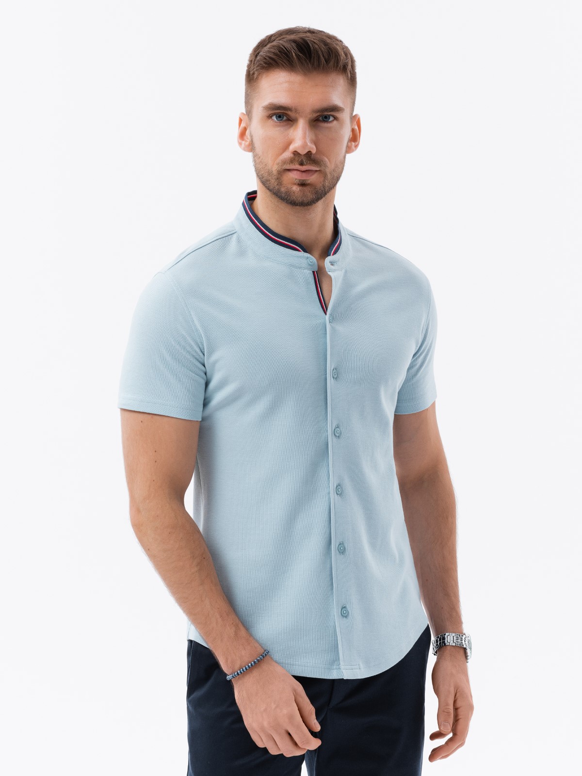 Ombre Men's knit shirt with short sleeves and collared collar - blue