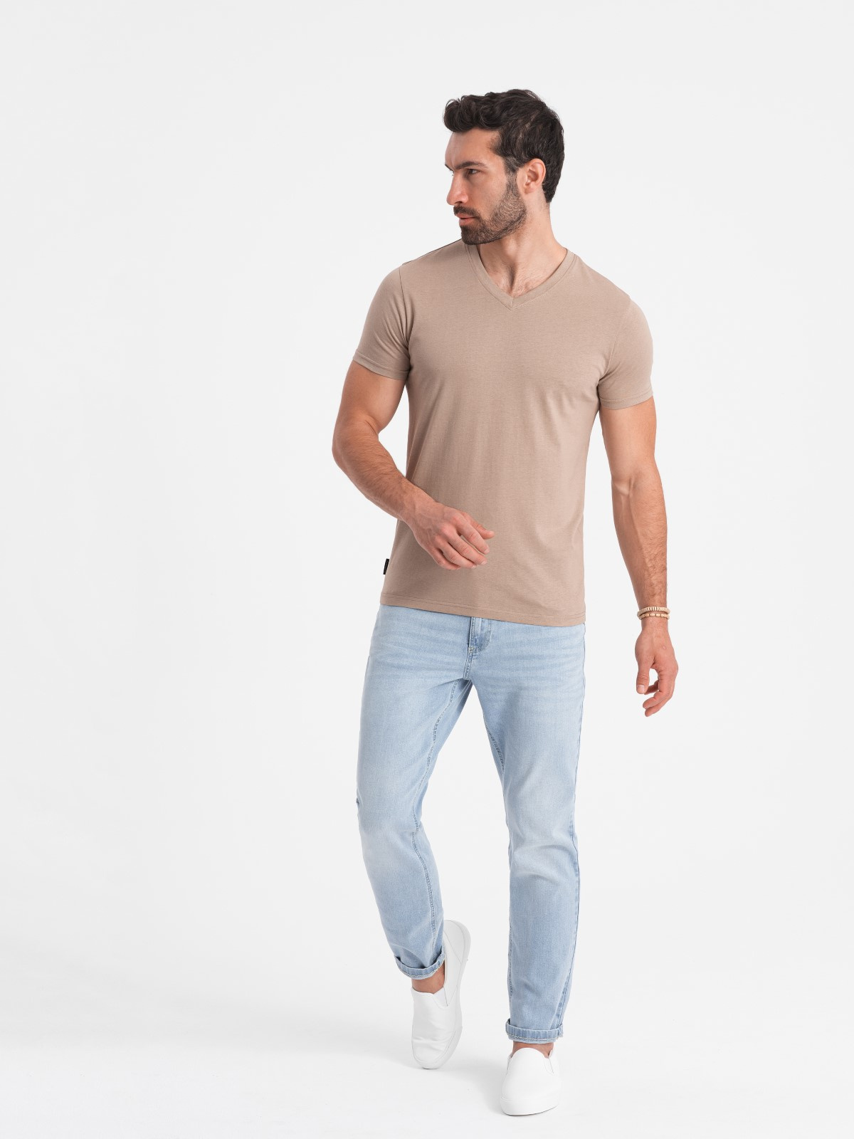 Ombre Men's BASIC classic cotton T-shirt with a v-neck - ash