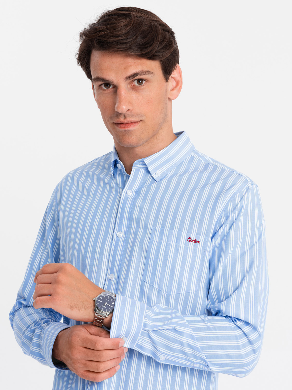 Ombre Men's REGULAR FIT Shirt In White Stripes With Pocket - Blue