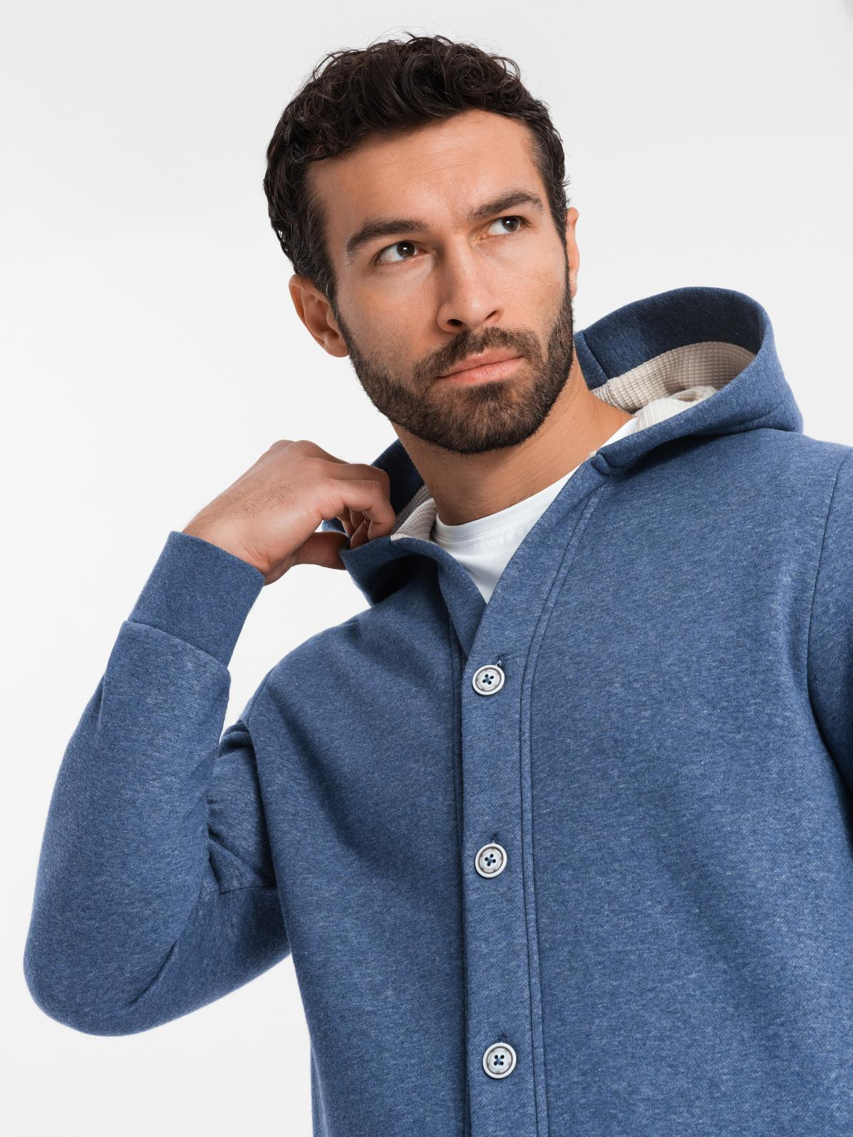 Ombre Men&#039;s button-down hooded sweatshirt - navy blue melange