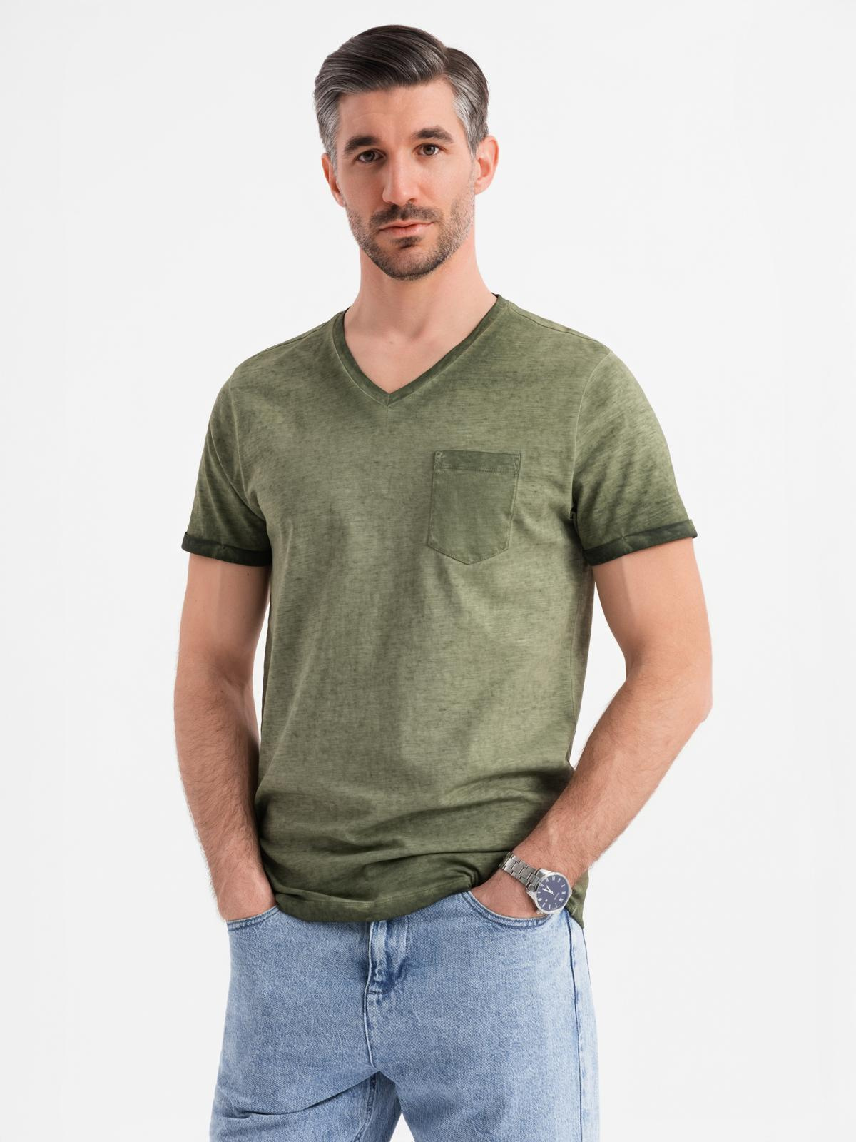 Ombre Mens cotton V-neck knit t-shirt with washed effect - olive
