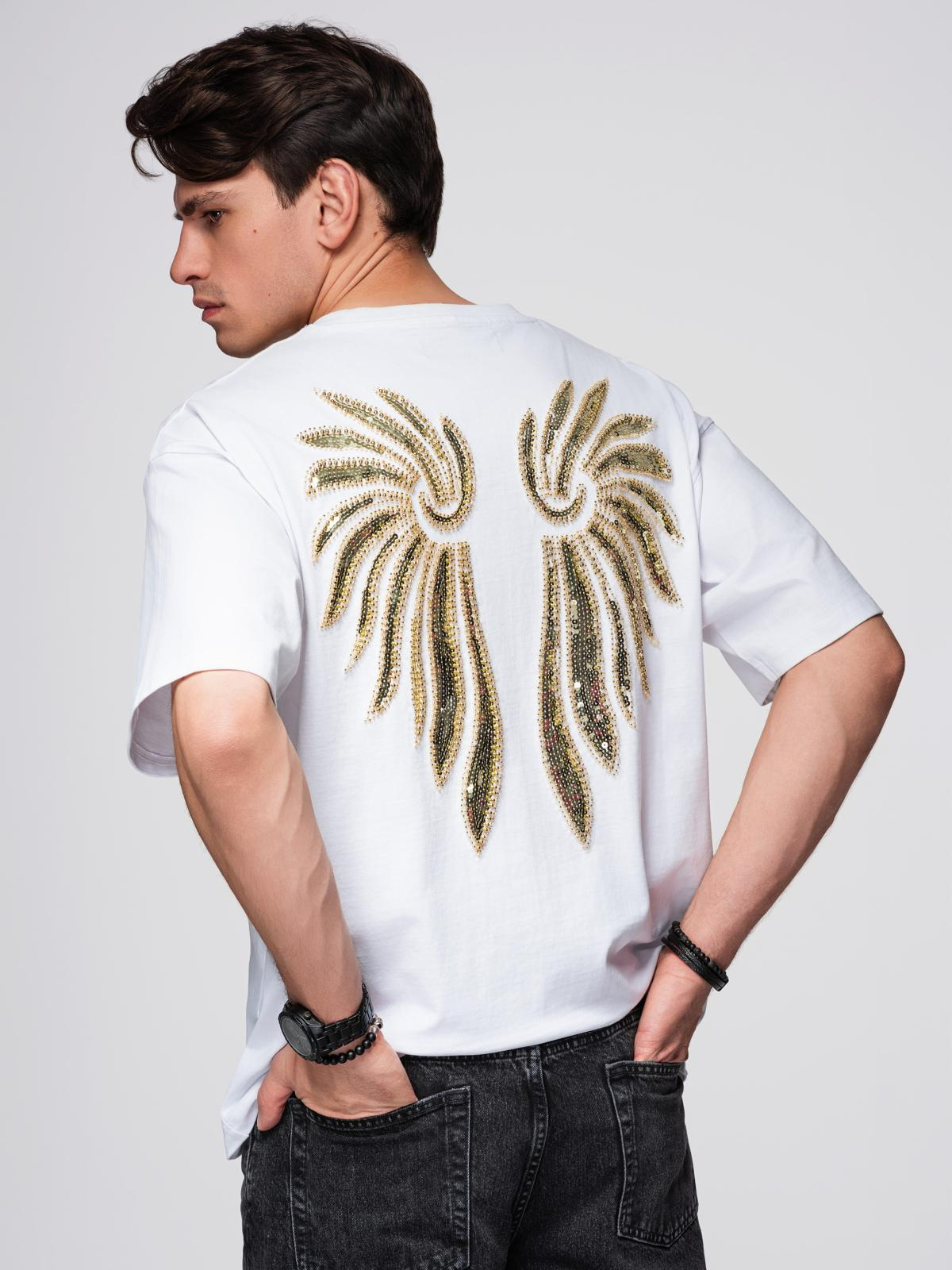 Ombre Men's cotton T-shirt with sequin wing motif on back - white