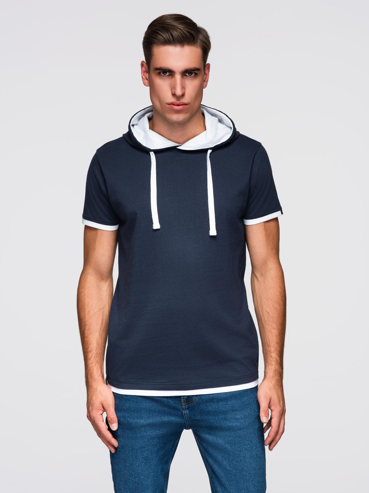 Ombre Men's cotton t-shirt with hood - navy blue