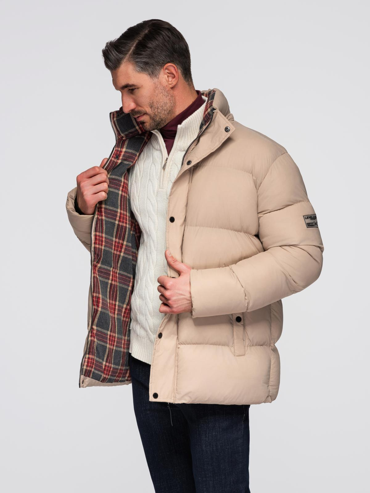 Ombre Men&#039;s puffer jacket with check lining - beige