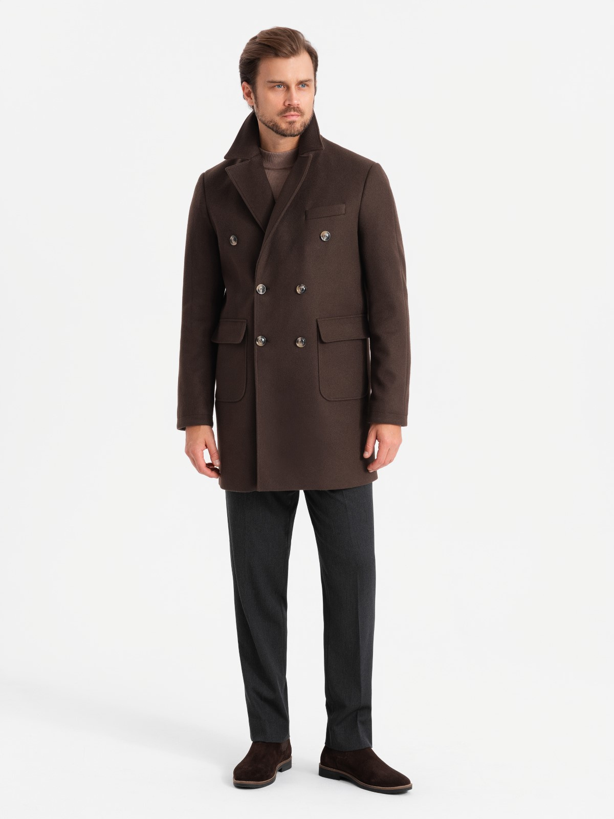 Ombre Men's double-breasted coat with decorative buttons - dark brown