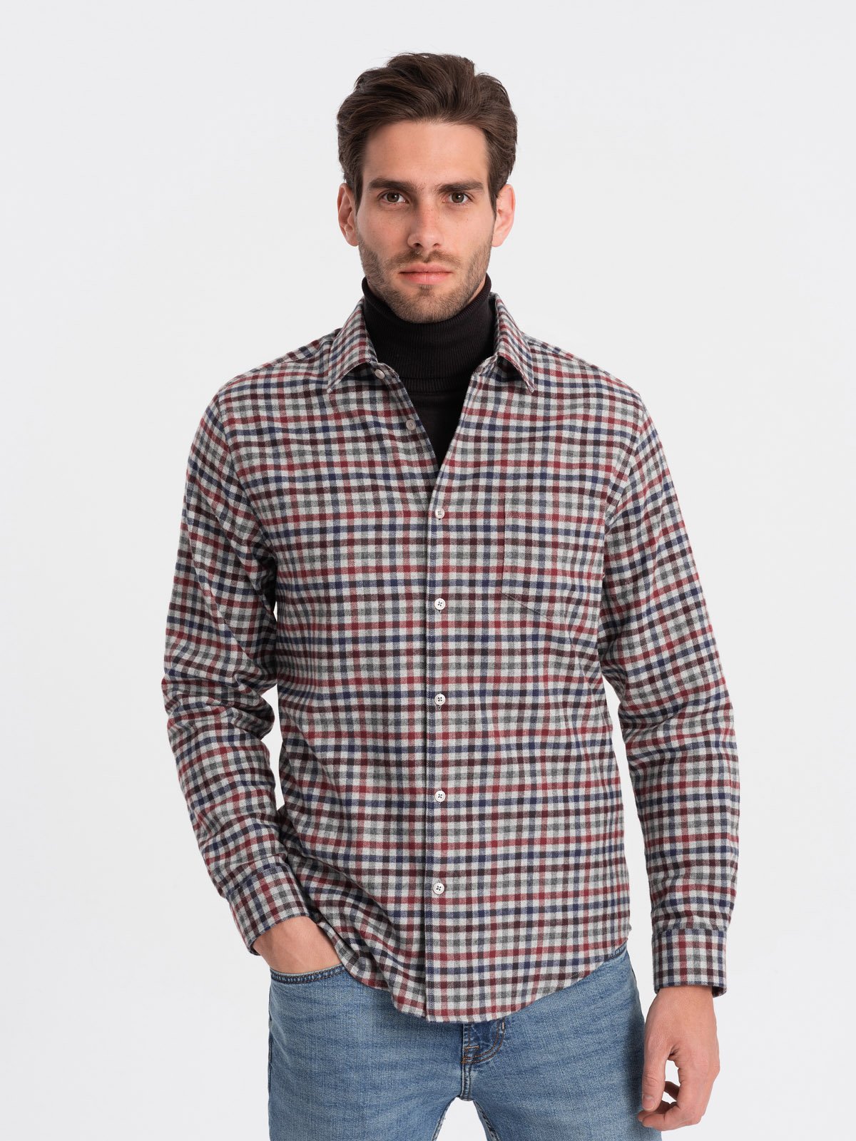 Levně Ombre Men's checkered flannel shirt - navy blue and red