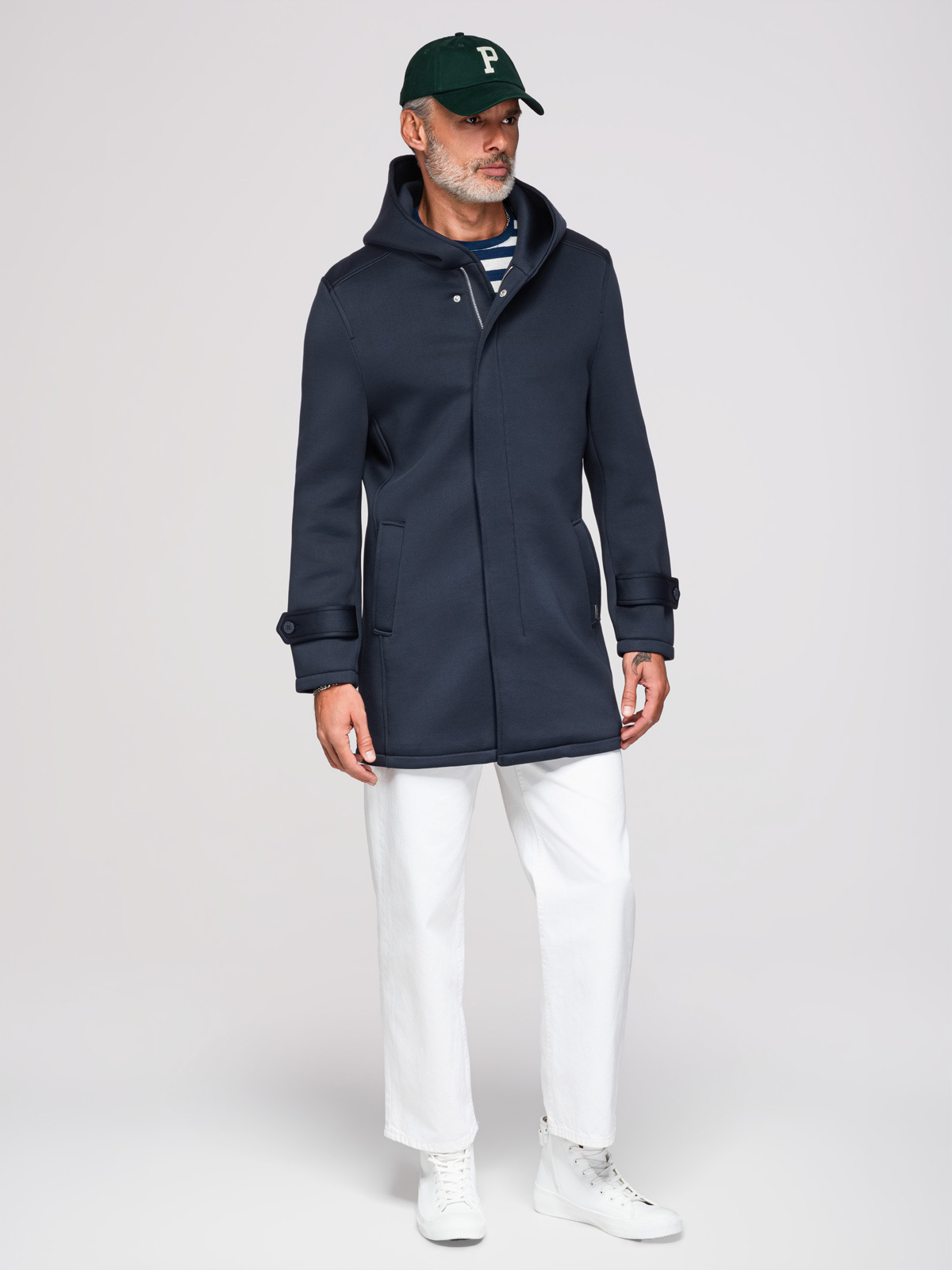 Ombre Minimalist men's mid-length coat with hood - navy blue