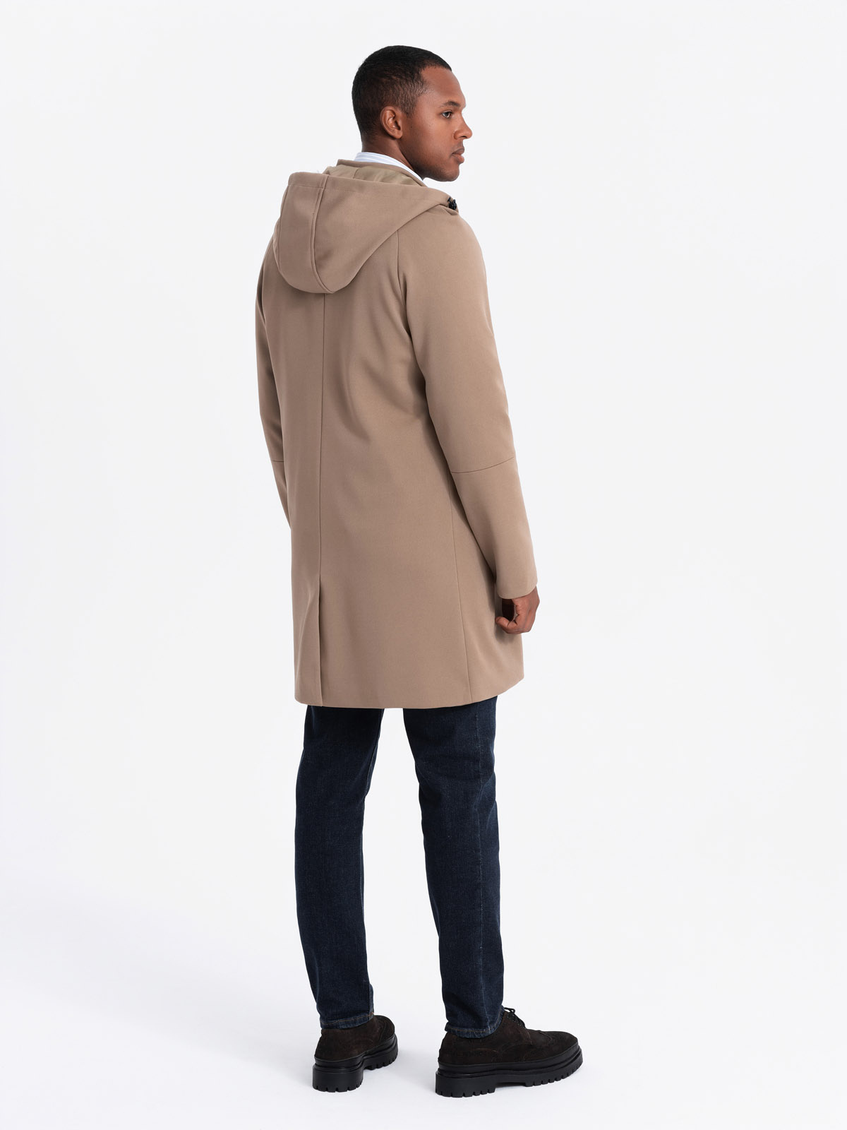 Ombre Men&#039;s hooded coat in fine stripe - coffee